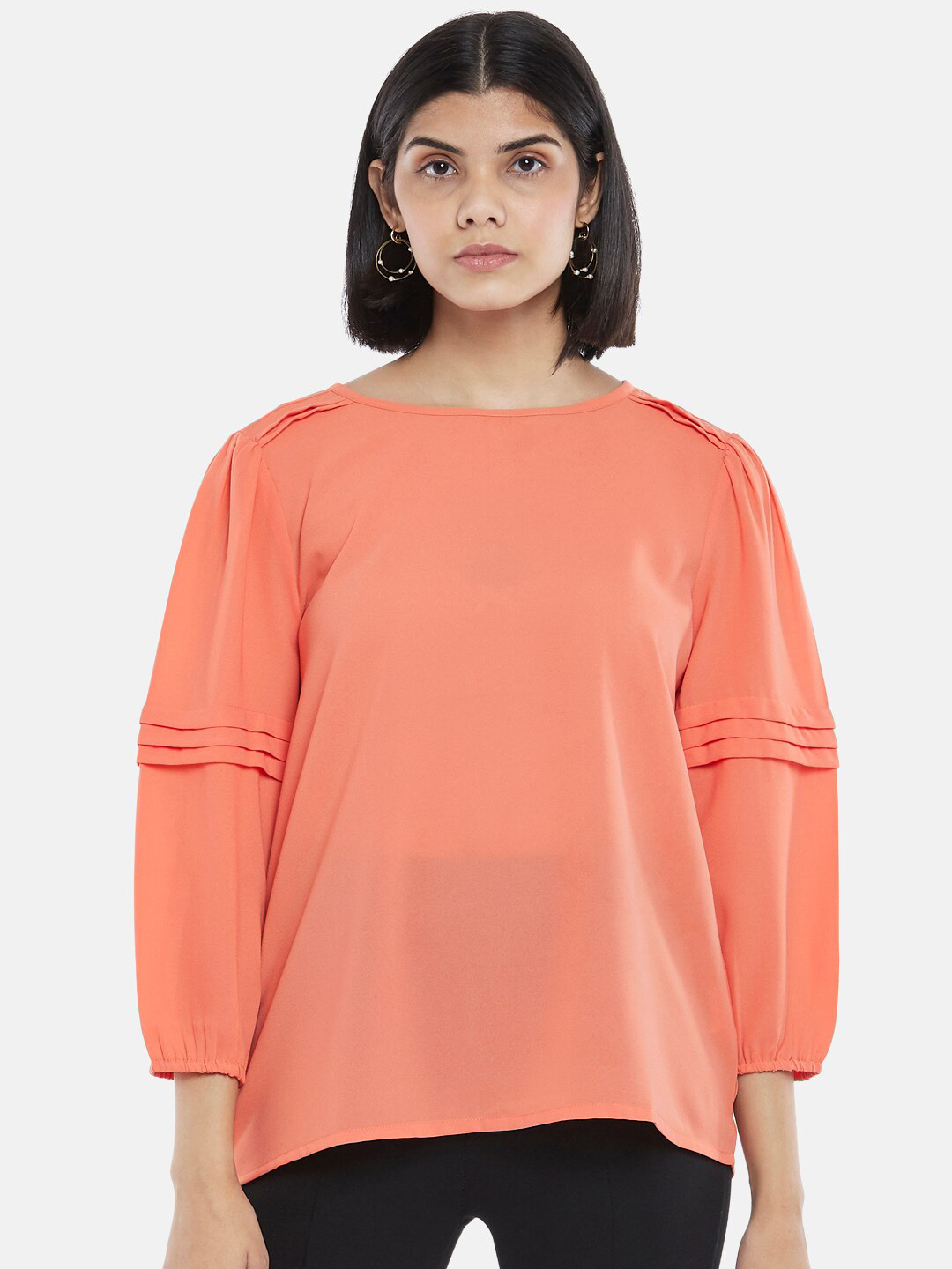 Annabelle by Pantaloons Coral Orange Cuffed Sleeves Top