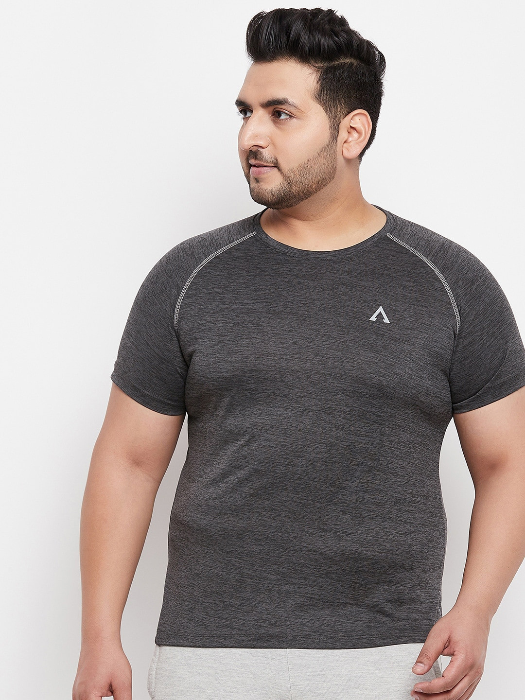 AUSTIVO Men Grey Solid Round Neck Applique Running T-shirt