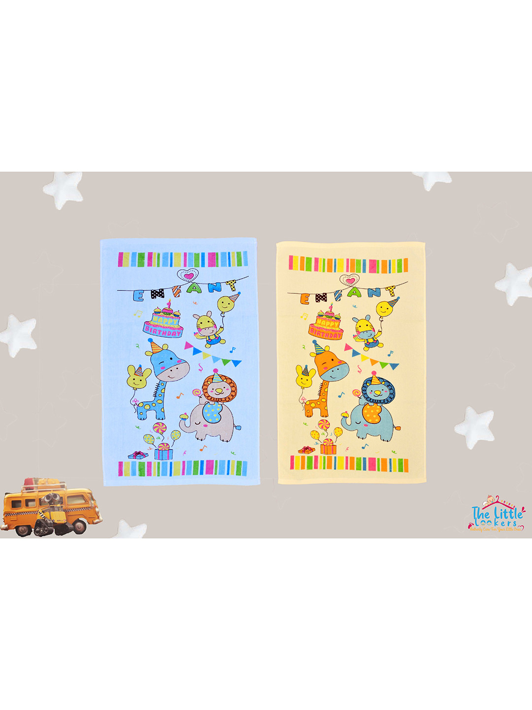 The Little Lookers Kids Set Of 2 Blue  & Yellow Printed 354 GSM Bath Towels