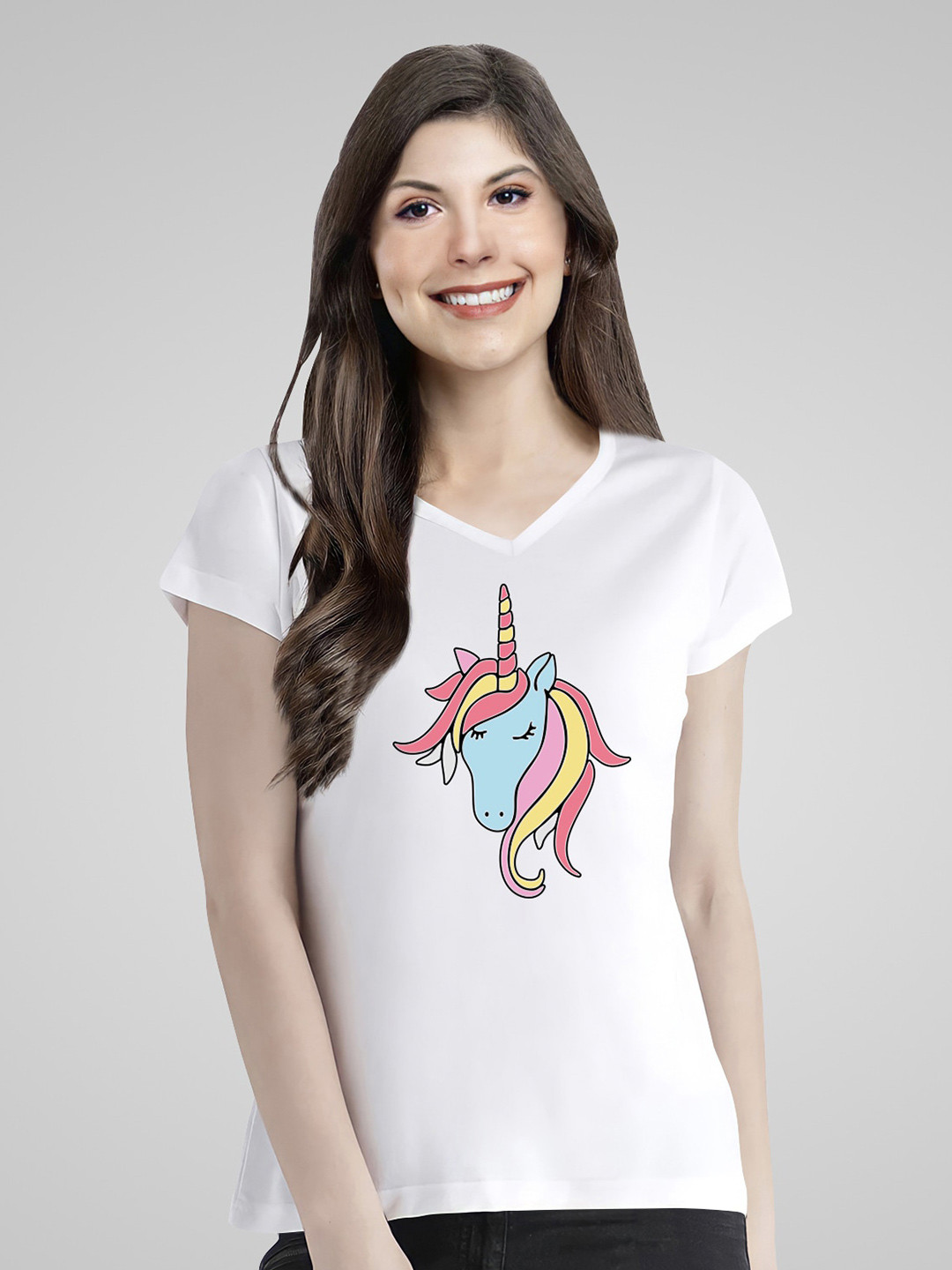 Pootlu Women White Unicorn Printed V-Neck T-shirt