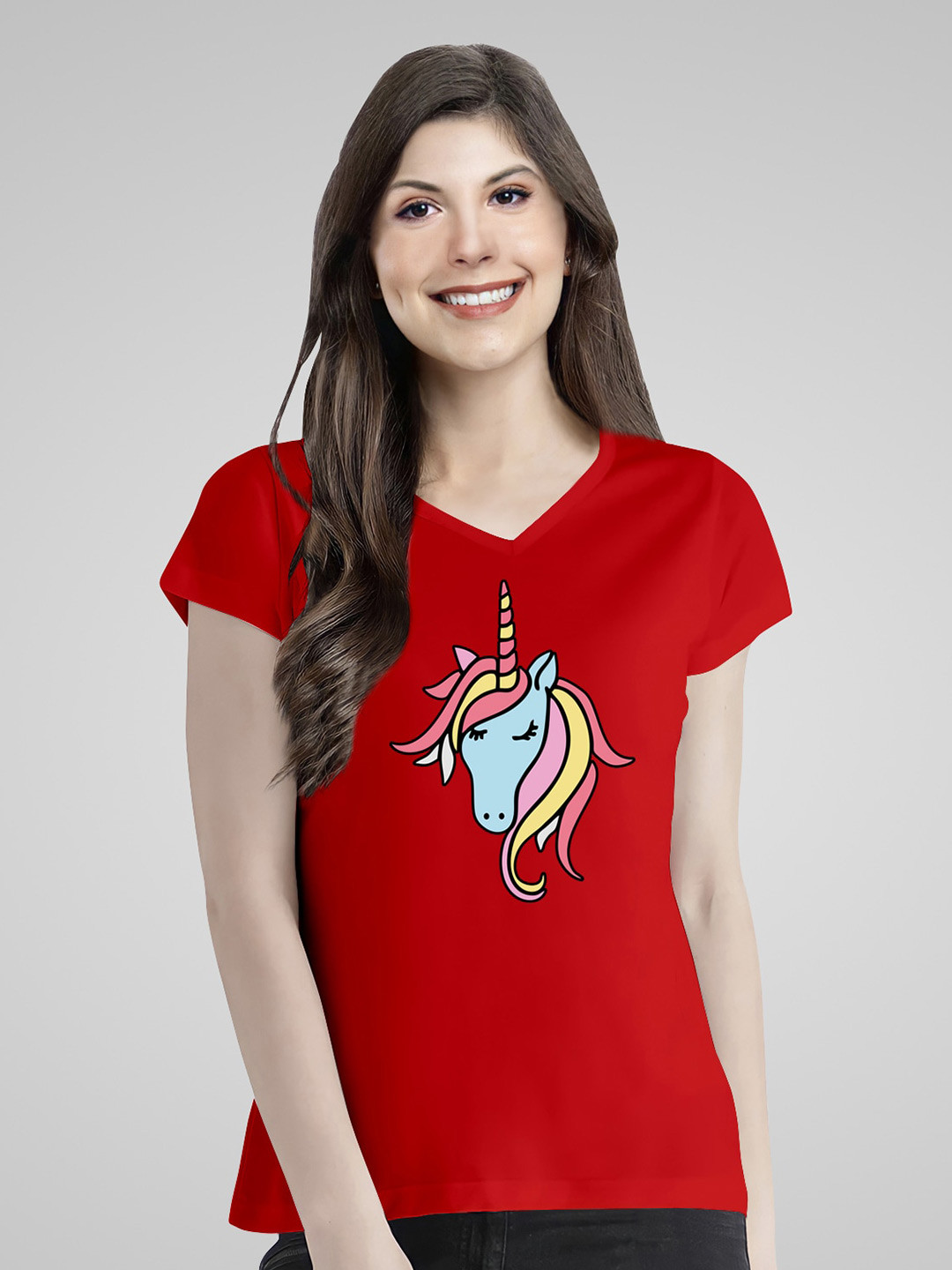 Pootlu Women Red Unicorn Printed V-Neck T-shirt