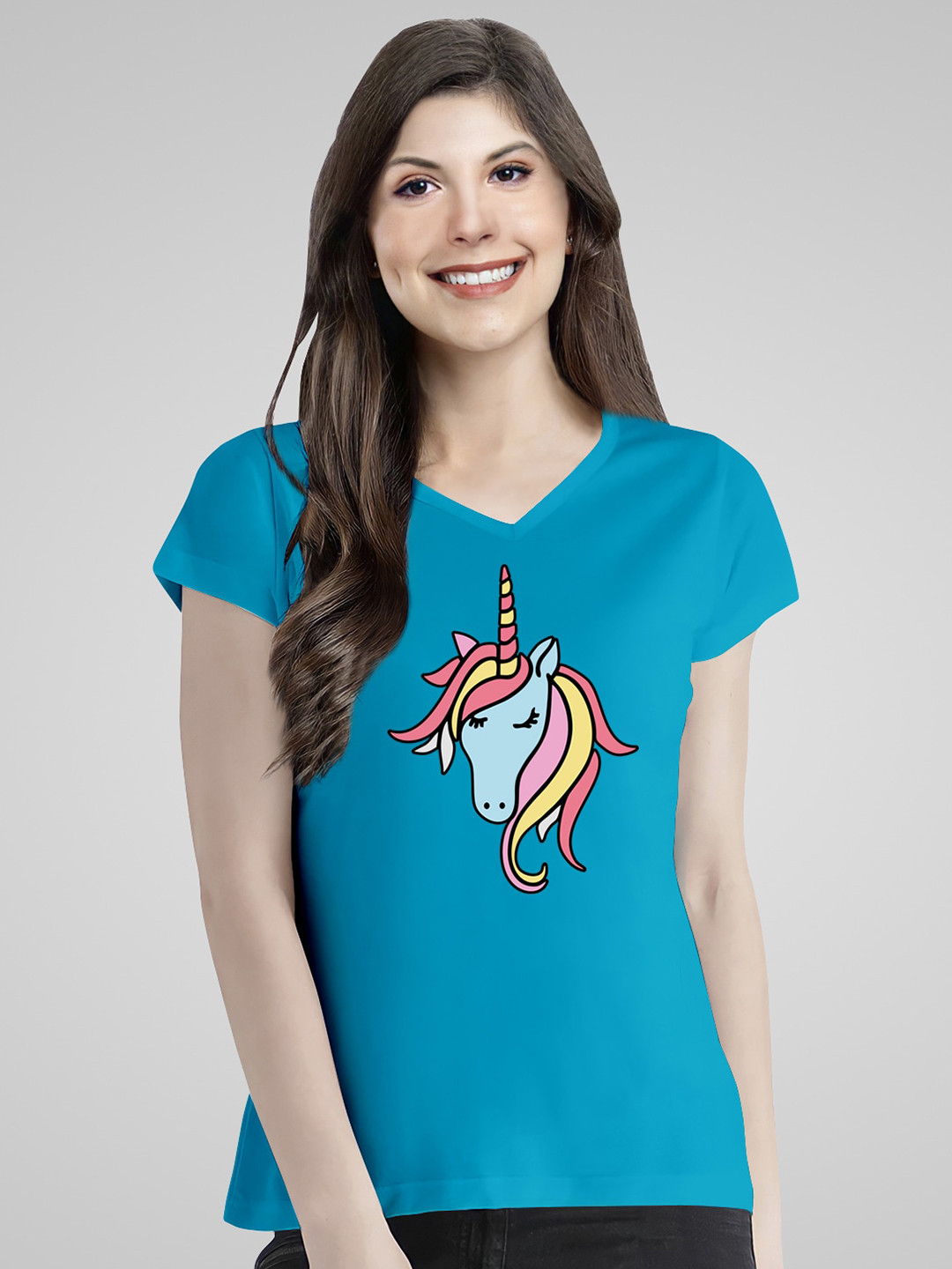 Pootlu Women Turquoise Blue & Red Unicorn Printed Pure Cotton T-shirt