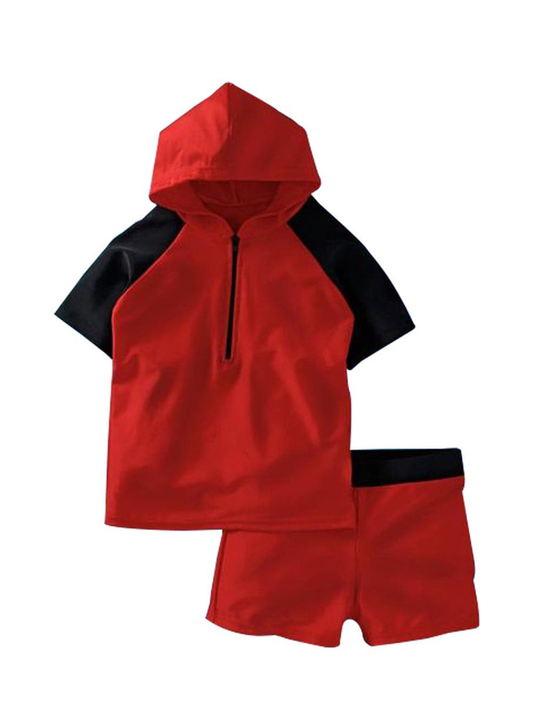 Yellow Bee Boys Red & Black Colourblocked Hooded Rash Guard Swimwear