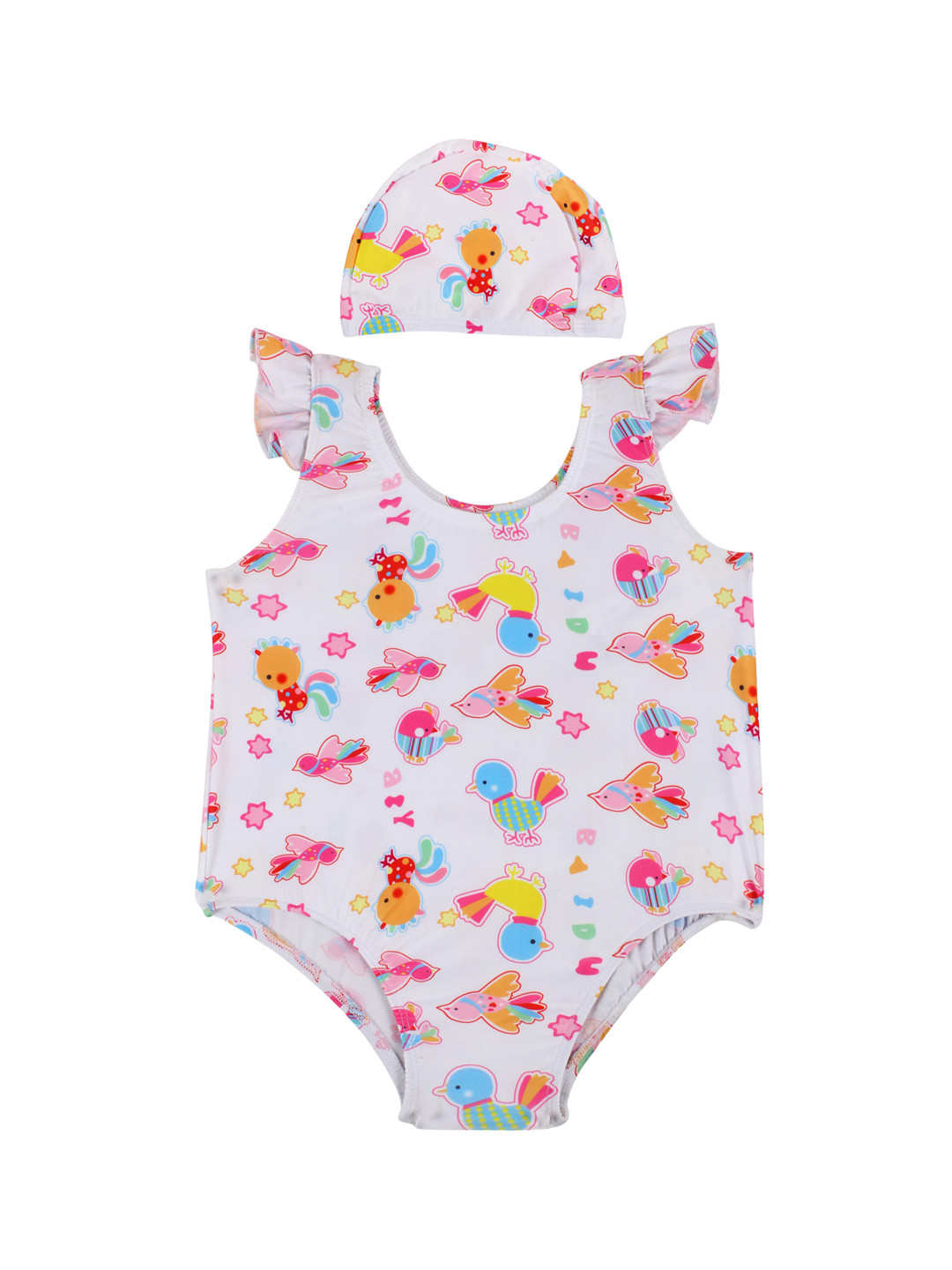 Yellow Bee Girls Multicolored Printed Swimwear With Cap