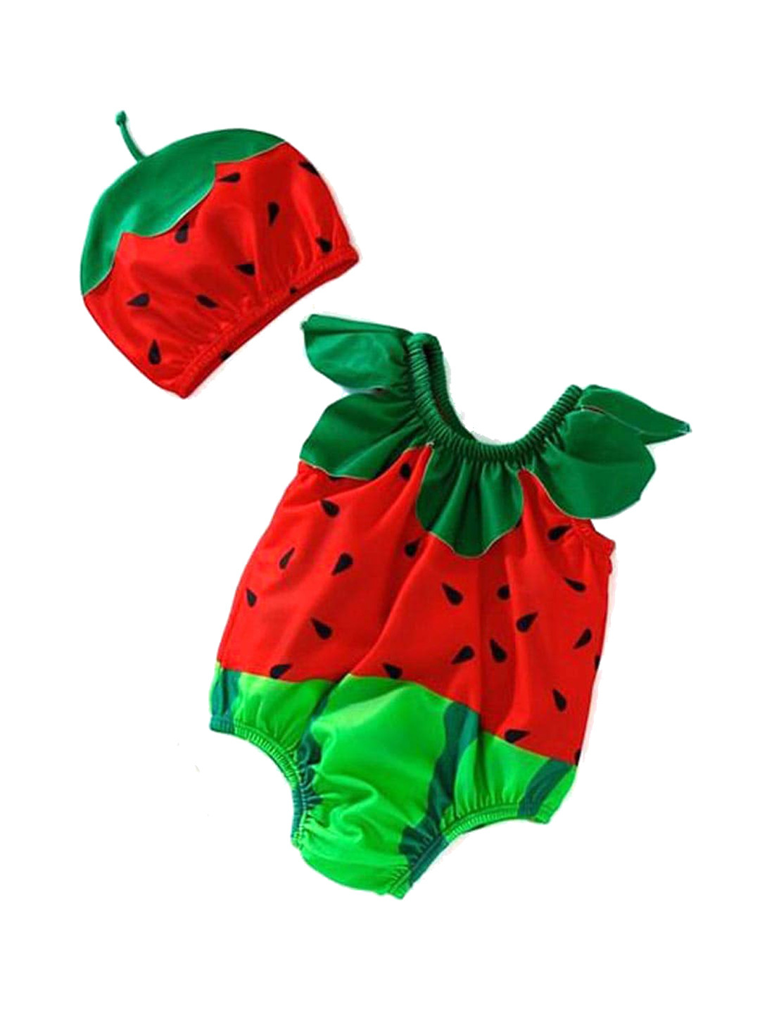 Yellow Bee Girls Red  & Green Printed Swimwear with Cap