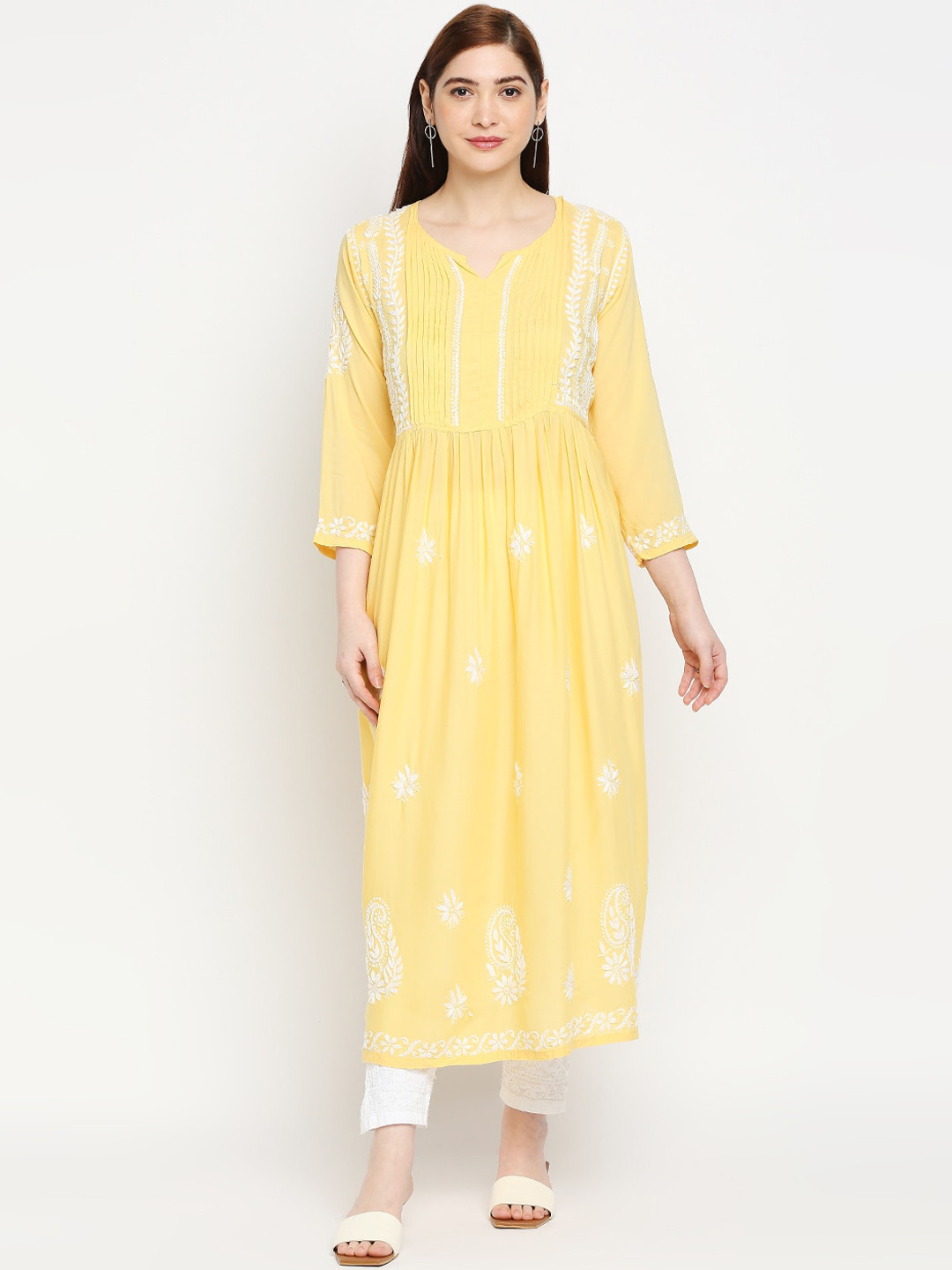 Indiankala4u Women Yellow & White Ethnic Motifs Embroidered Chikankari Anarkali Kurta