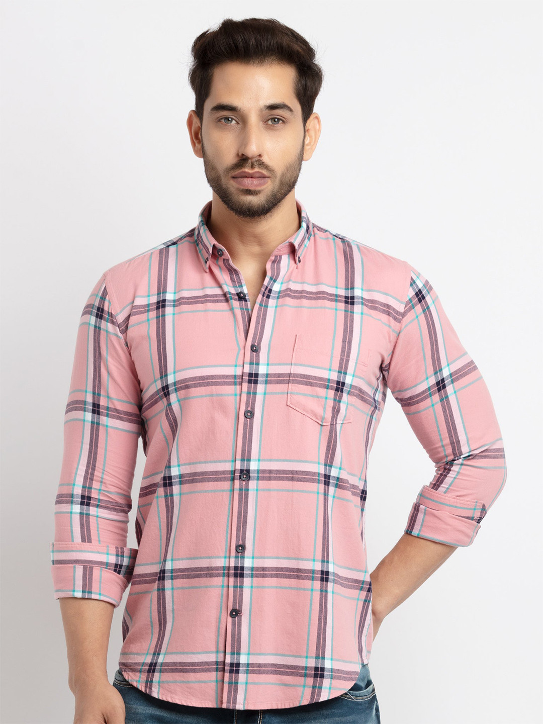 Status Quo Men Pink Slim Fit Tartan Checks Checked Casual Shirt