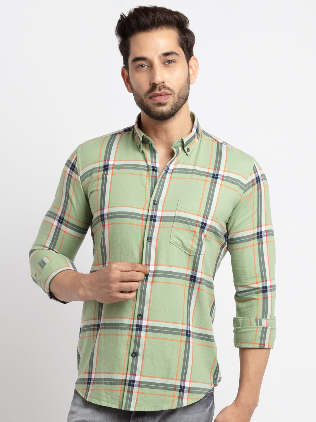 Status Quo Men Green Slim Fit Tartan Checks Checked Cotton Casual Shirt