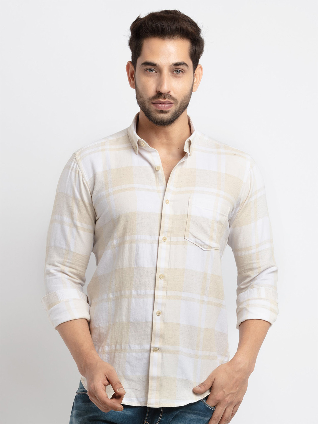 Status Quo Men Beige Slim Fit Checked Cotton Casual Shirt