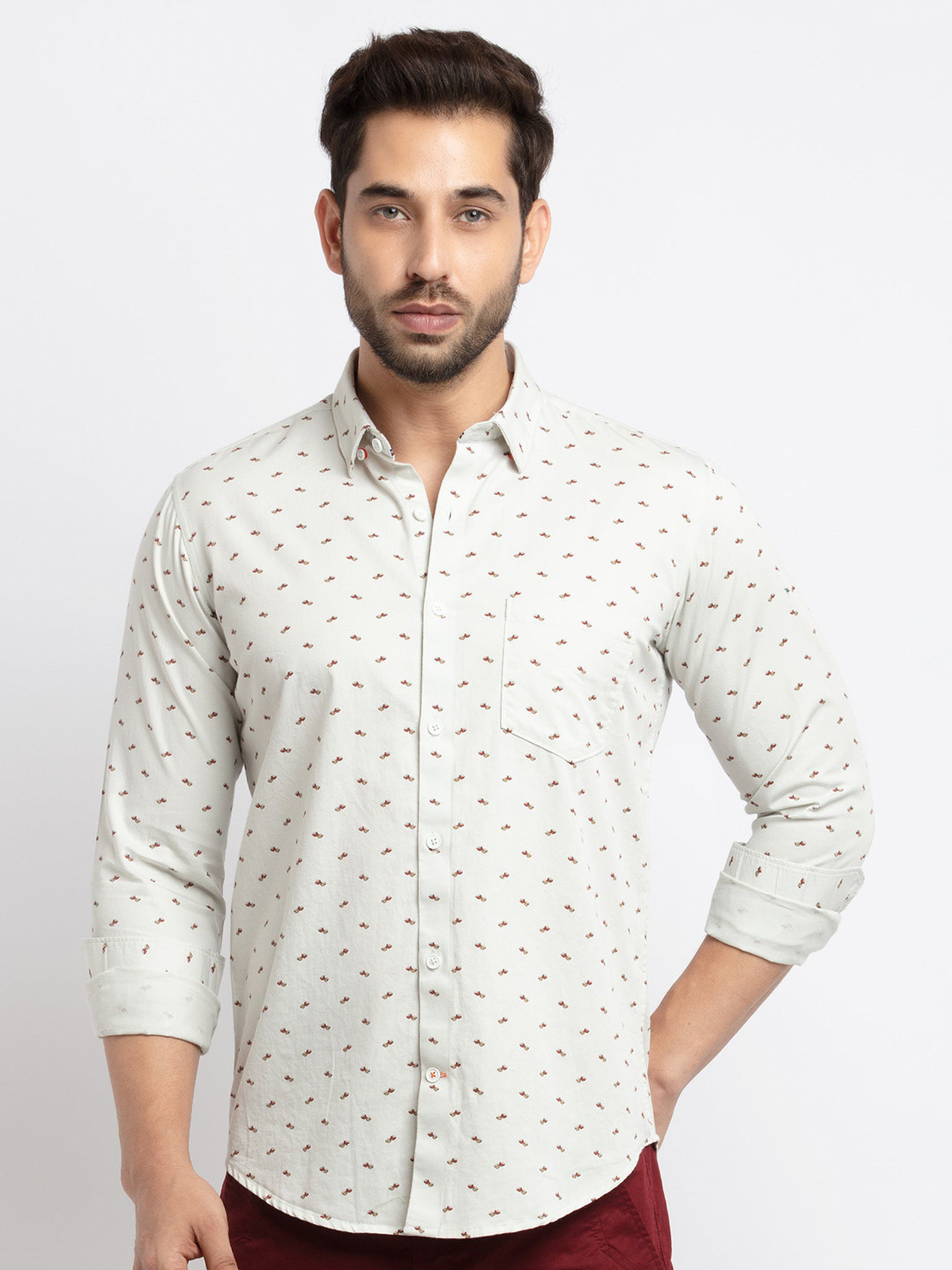 Status Quo Men Beige Slim Fit Printed Cotton Casual Shirt