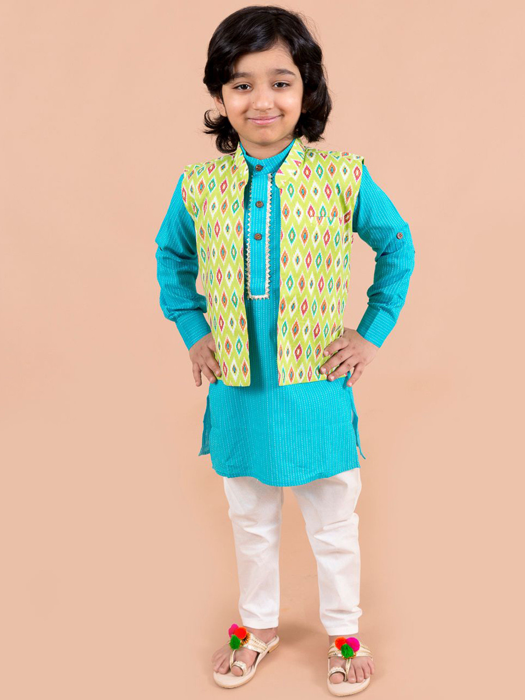 LIL PITAARA Boys Blue Embroidered Pure Cotton Kurta Trousers with Nehru jacket