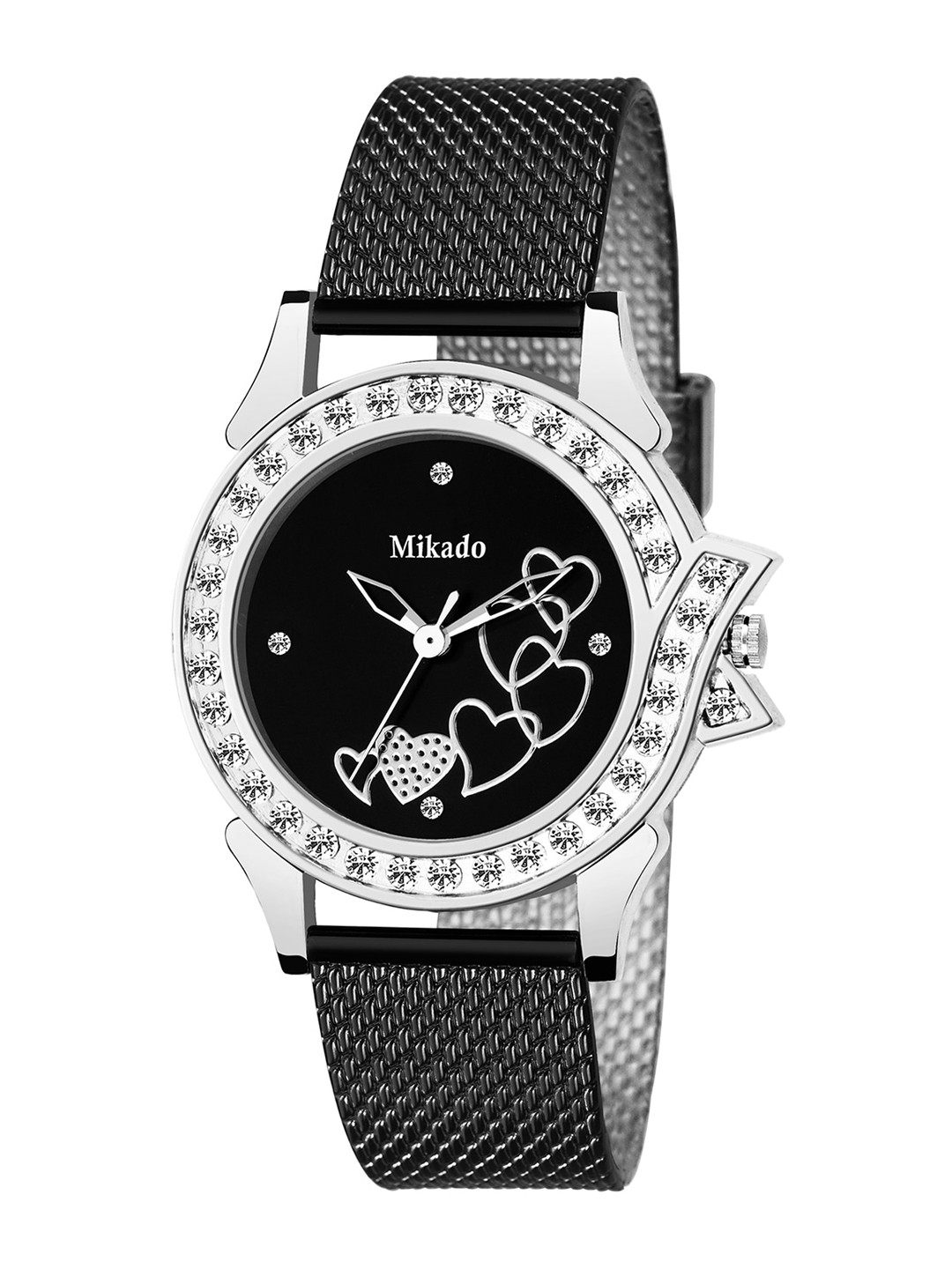 Mikado Women Black Brass Embellished Dial & Black Wrap Around Analogue Watch VC 9115