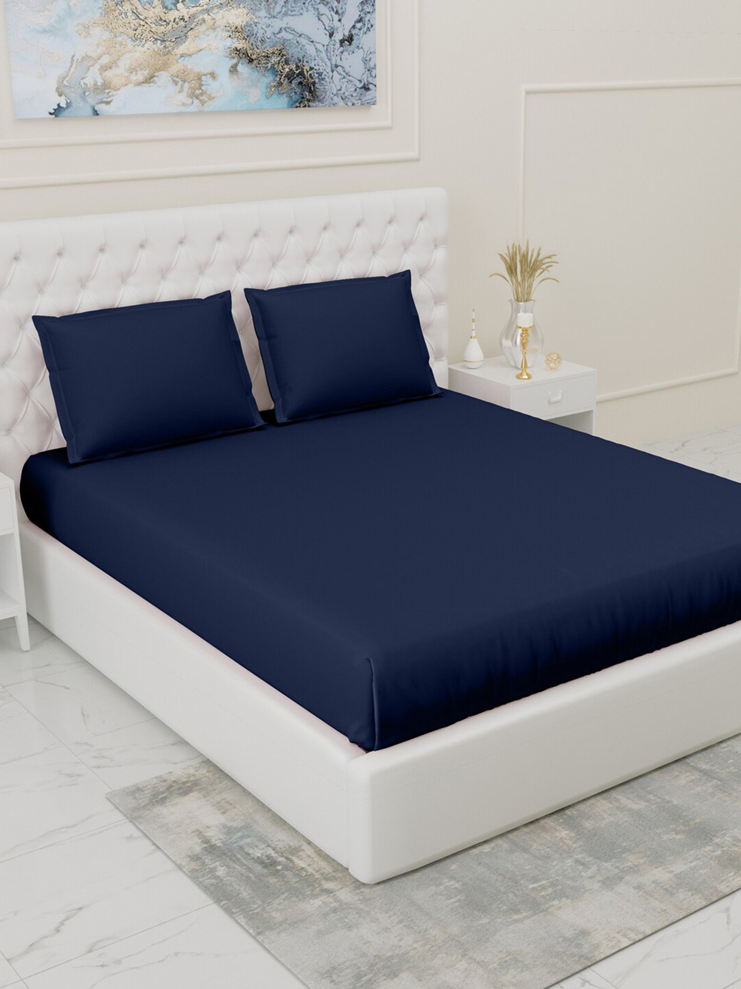 Gulaab Jaipur Navy Blue Polycotton 210 TC Fitted King Fine Bedsheet with 2 Pillow Covers-90 x 108 inches