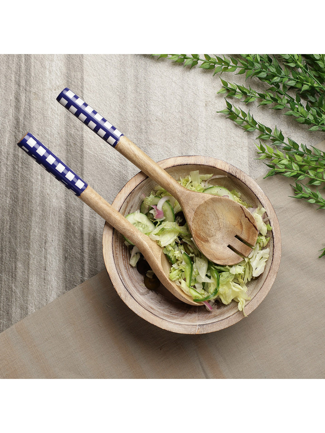 The Decor Mart Set Of 2 Blue & Brown Checked Serving Cutlery