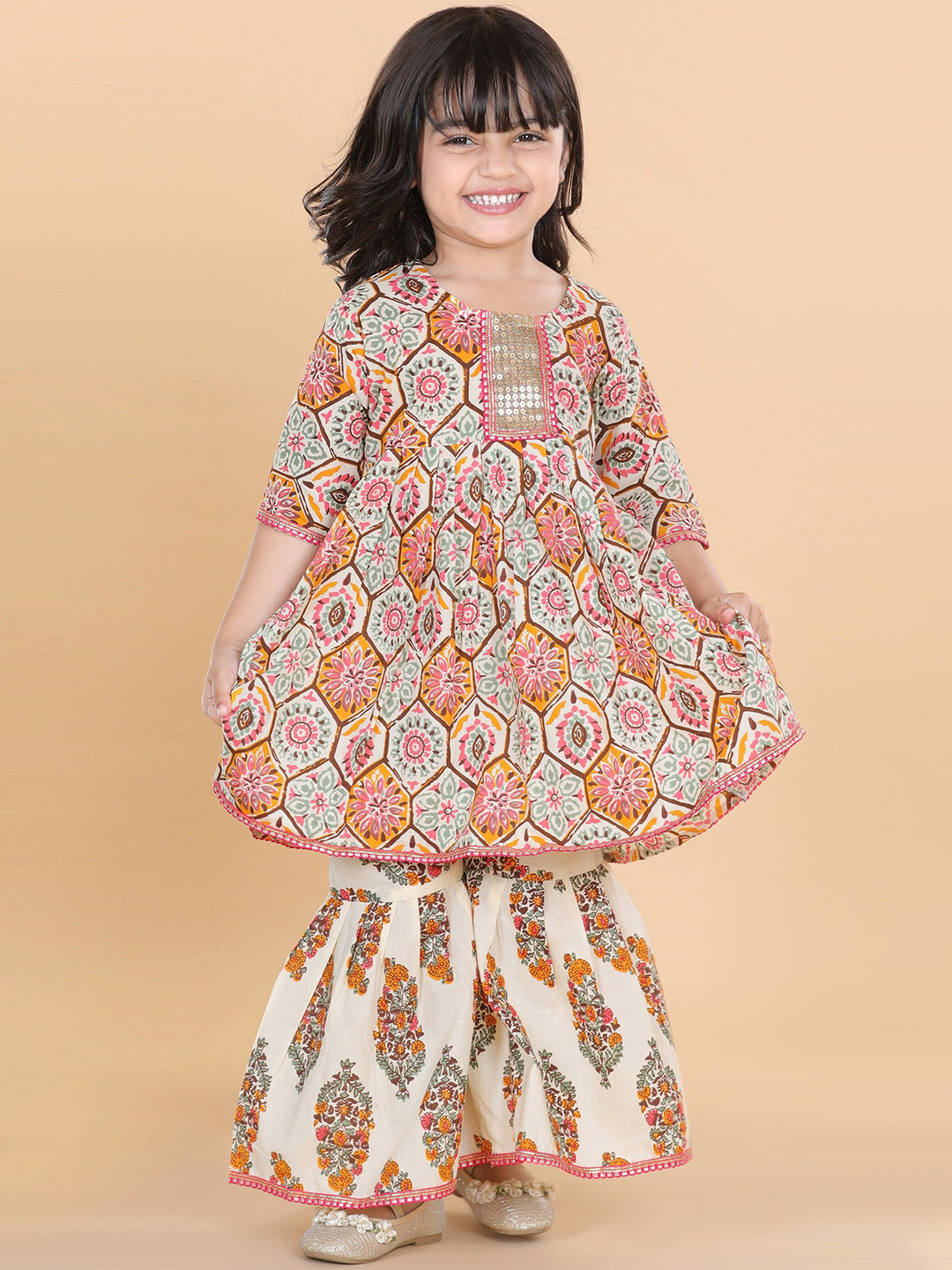 ADIVA Girls White Printed Gotta Patti Pure Cotton Kurti with Sharara