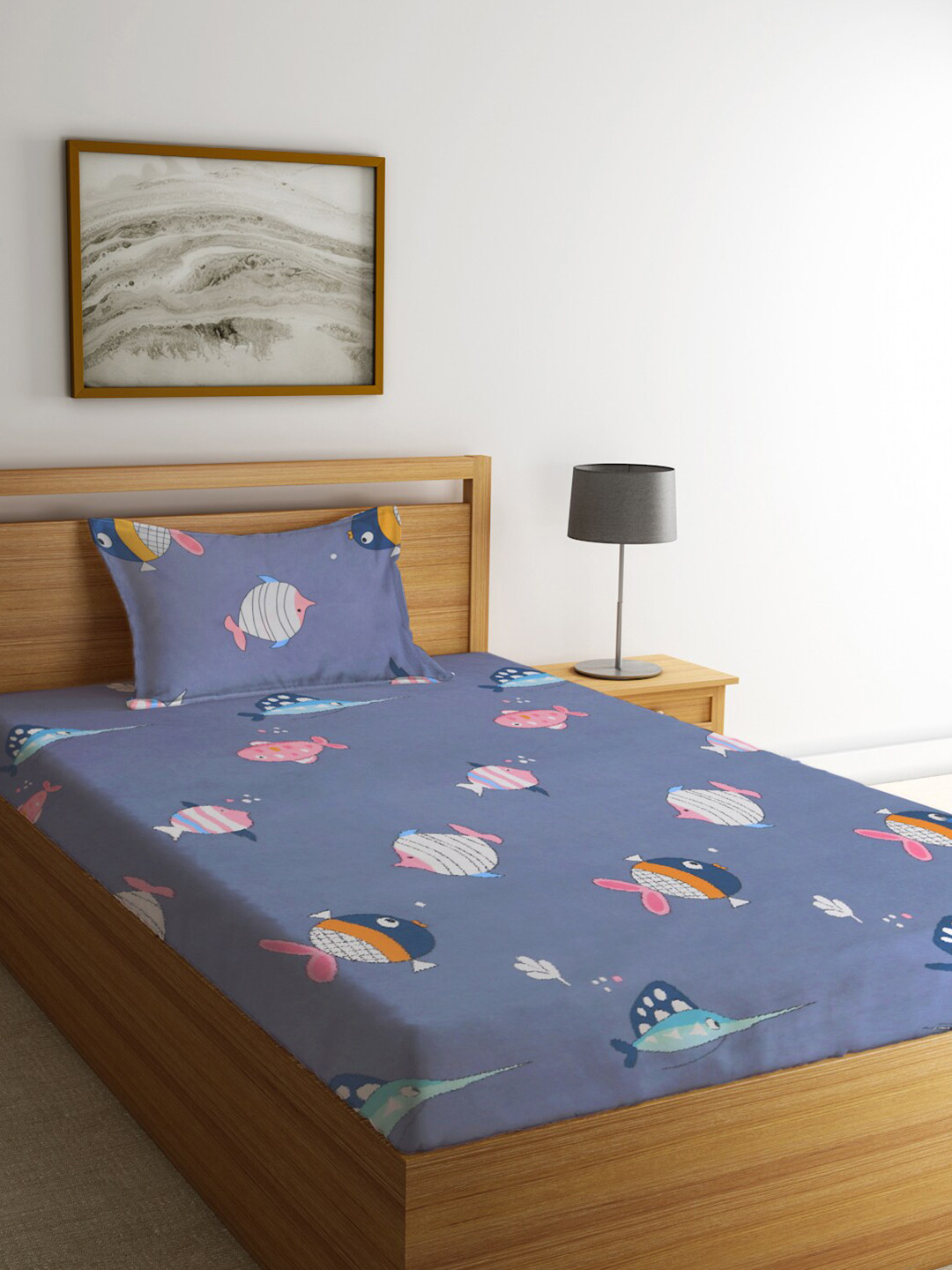 KLOTTHE Blue Graphic Polycotton 210 TC Single Bedsheet with a Pillow Cover-87 x 59 inches