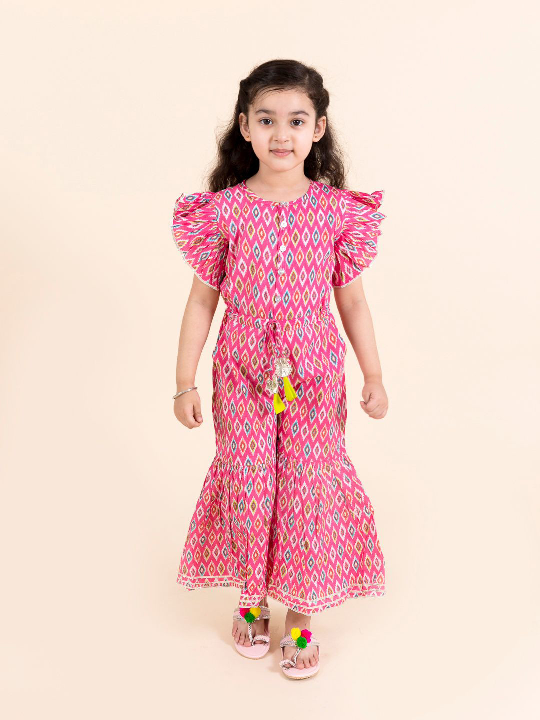 LIL PITAARA Girls Pink & Blue Ethnic Motifs Printed Cotton Basic Jumpsuit