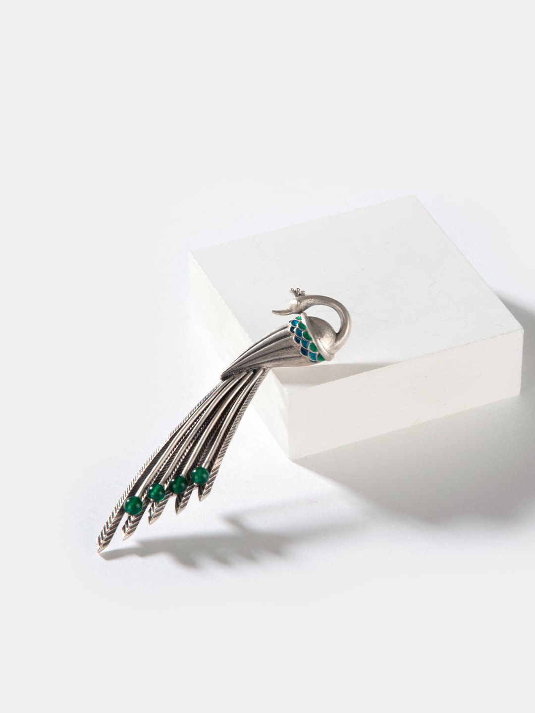 SHAYA Women 925 Silver-Toned & Blue Peacock-Shaped Brooch