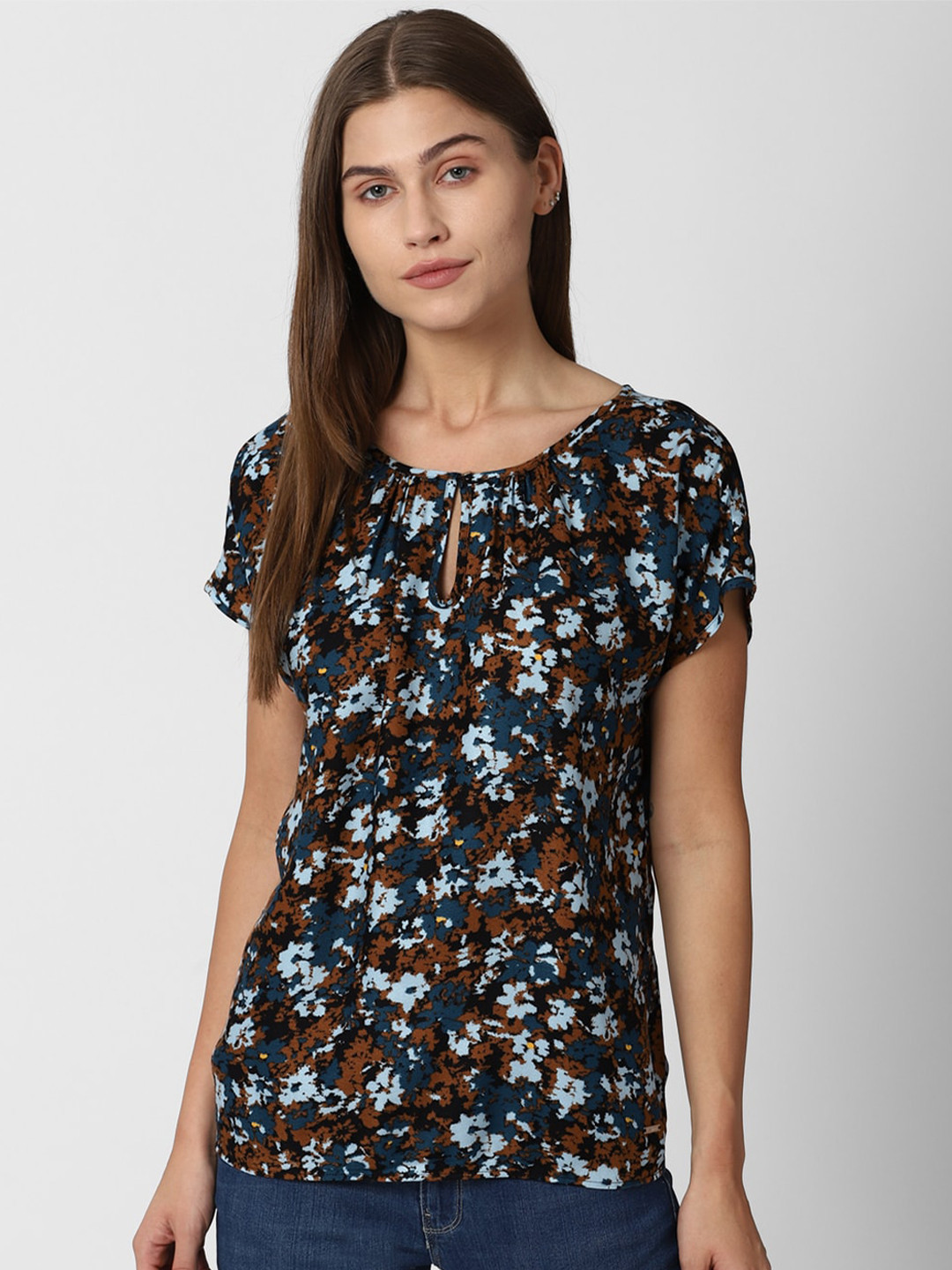 Van Heusen Woman Black & Teal Blue Floral Printed Top