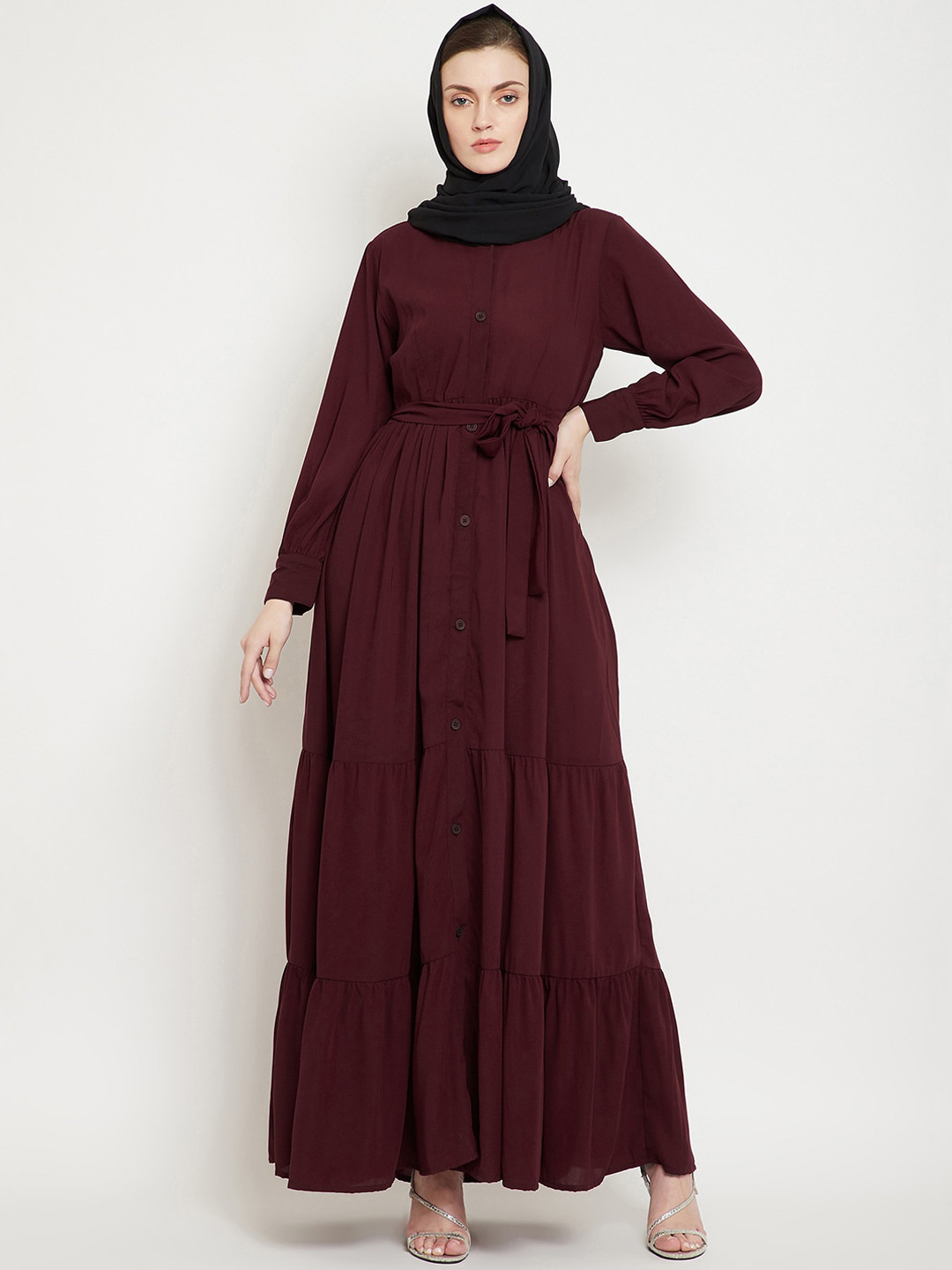 NABIA Women Maroon & Black Solid Abaya Burqa With Scarf