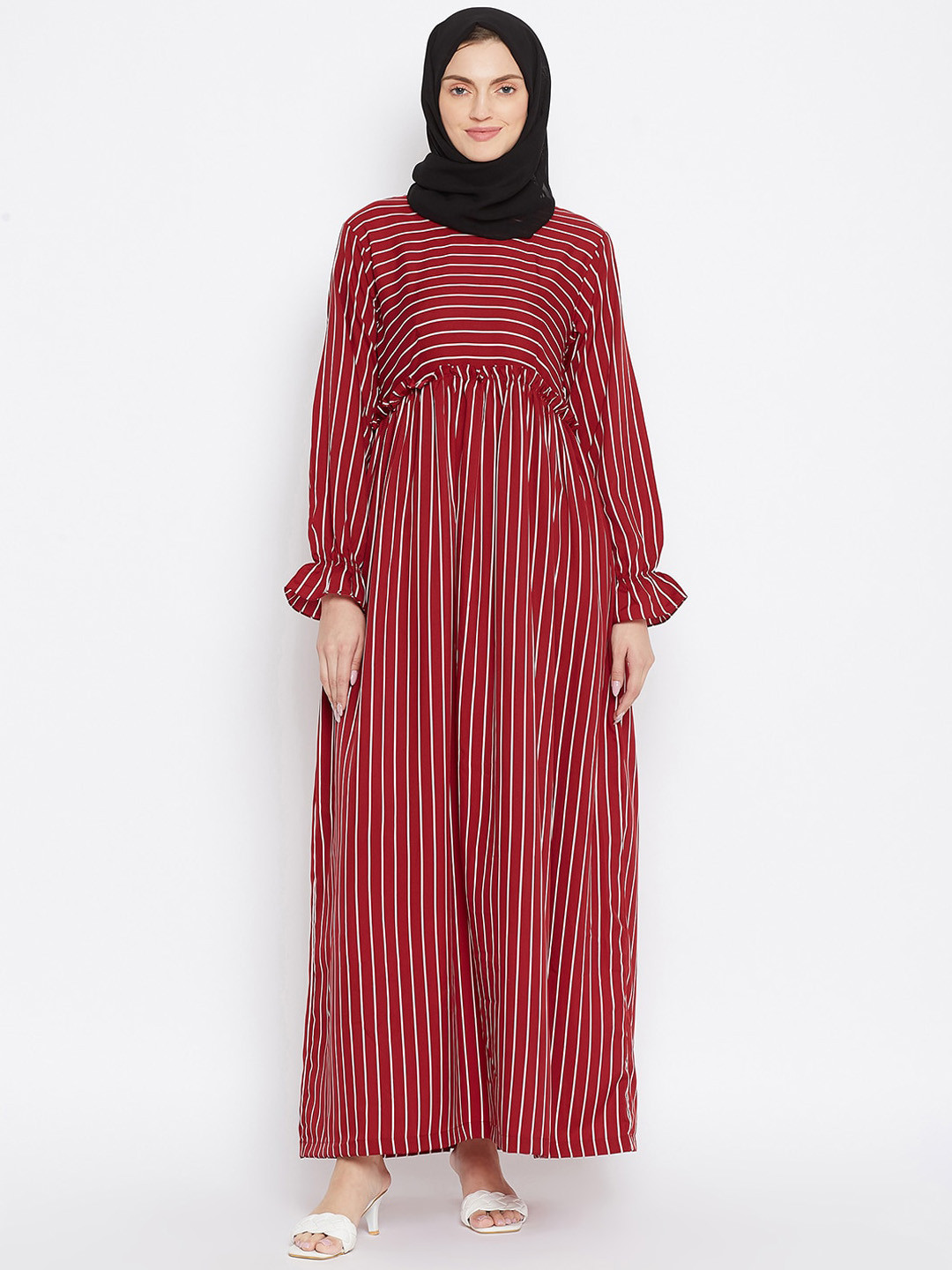 NABIA  Women Maroon & Black Printed Abaya Burqa With Scarf