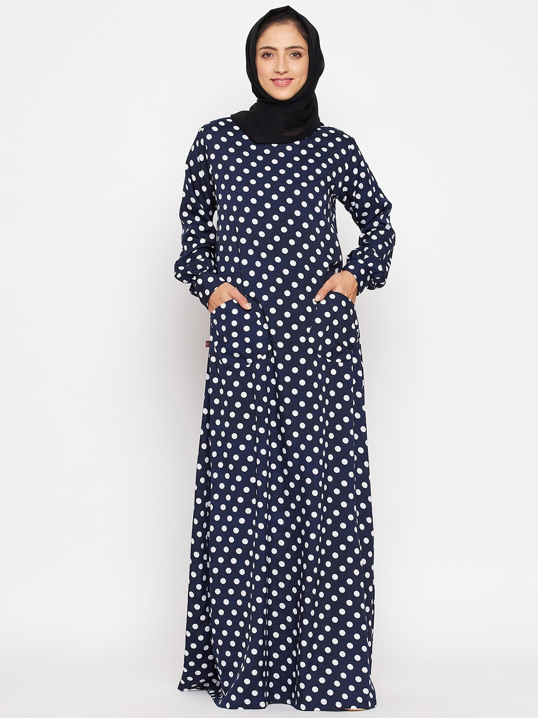 NABIA Women Navy Blue Polka Dots Printed Abaya Burqa With Georgette Scarf