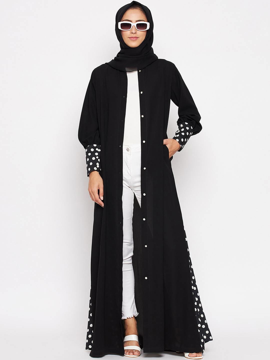 NABIA Women Black & White Solid Abaya Burqa With Scarf