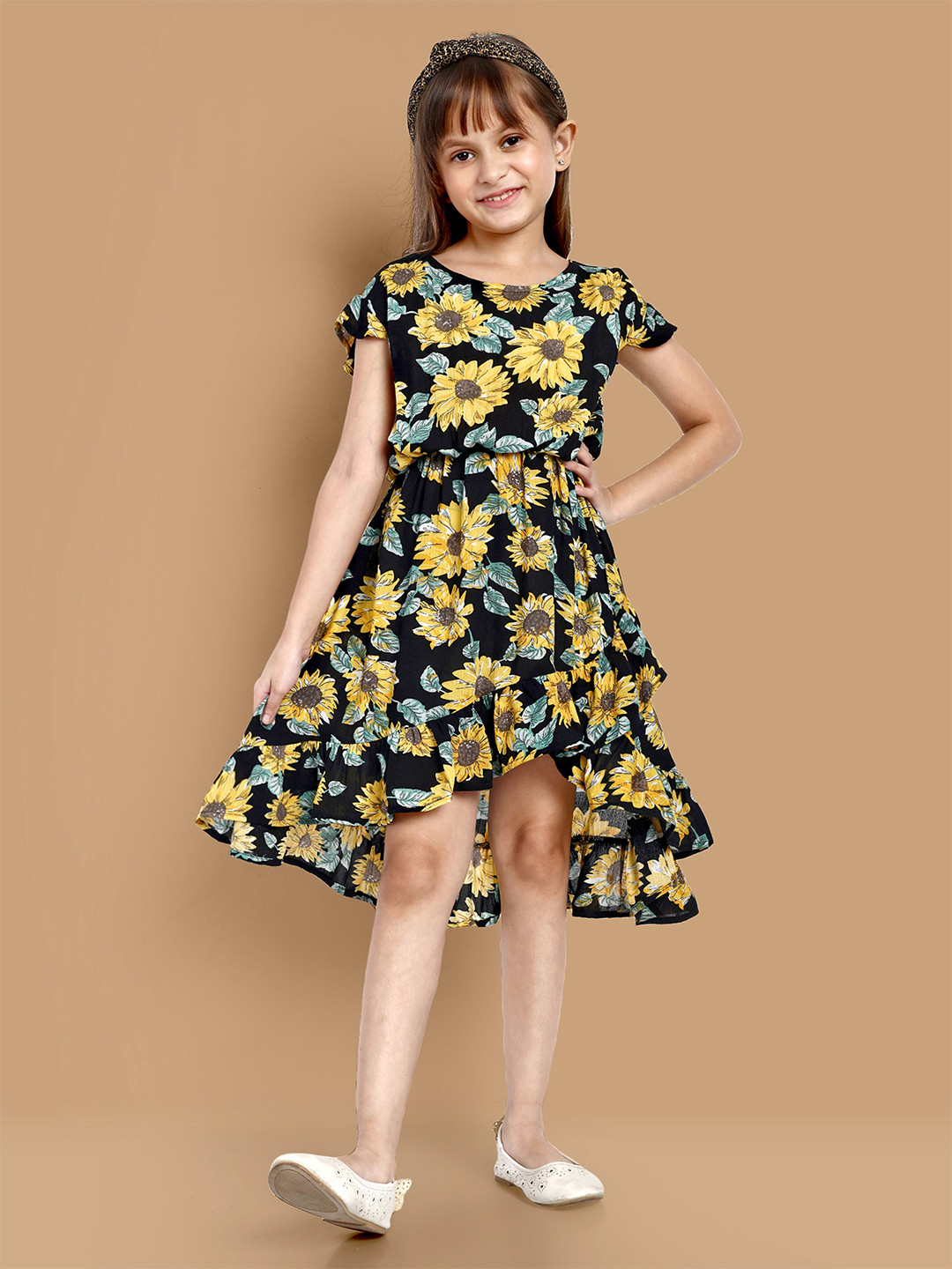 Lazy Shark Girls Black & Yellow Floral Print Dress