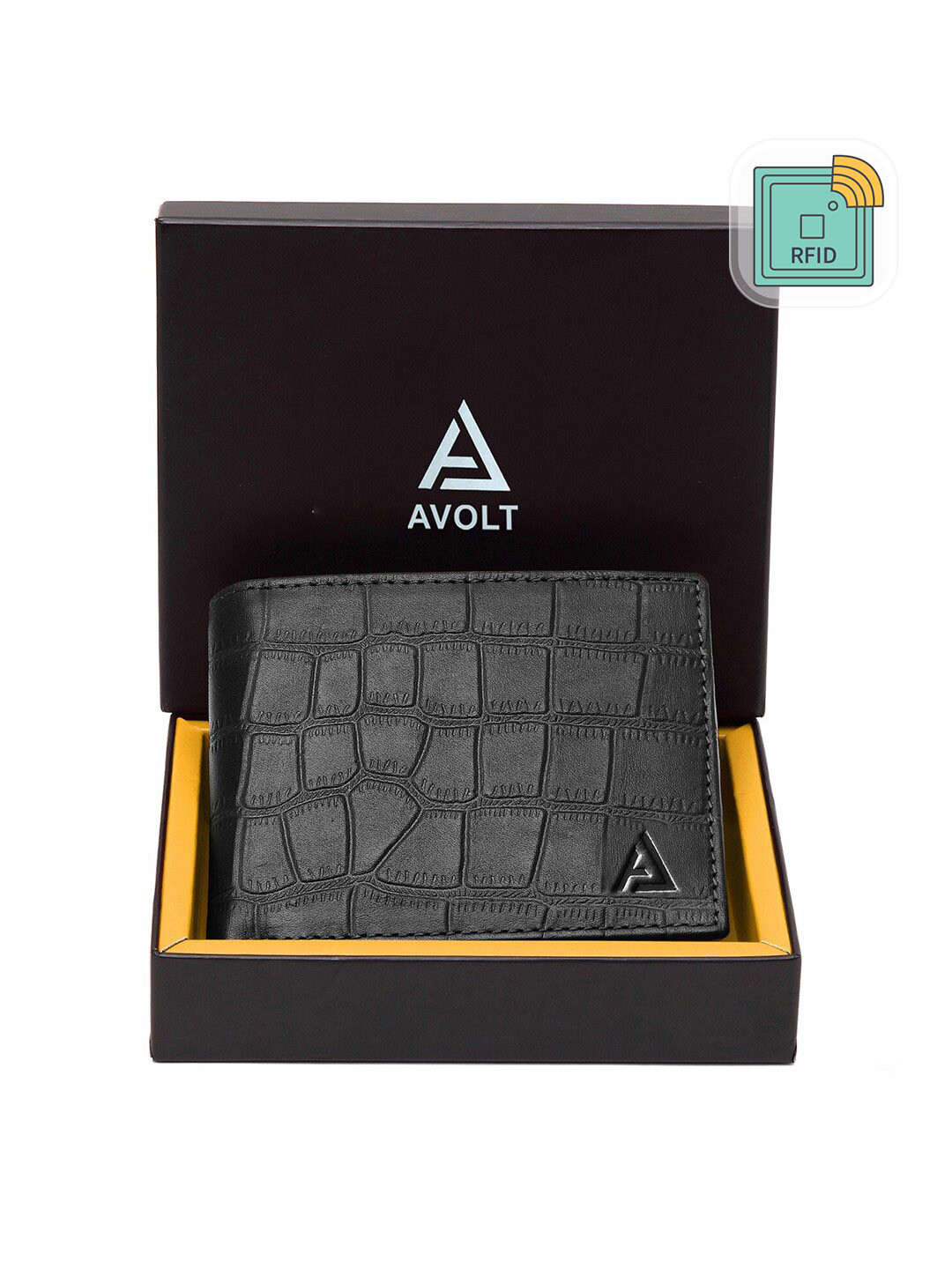AVOLT Men Black Animal Textured Leather Two Fold Wallet