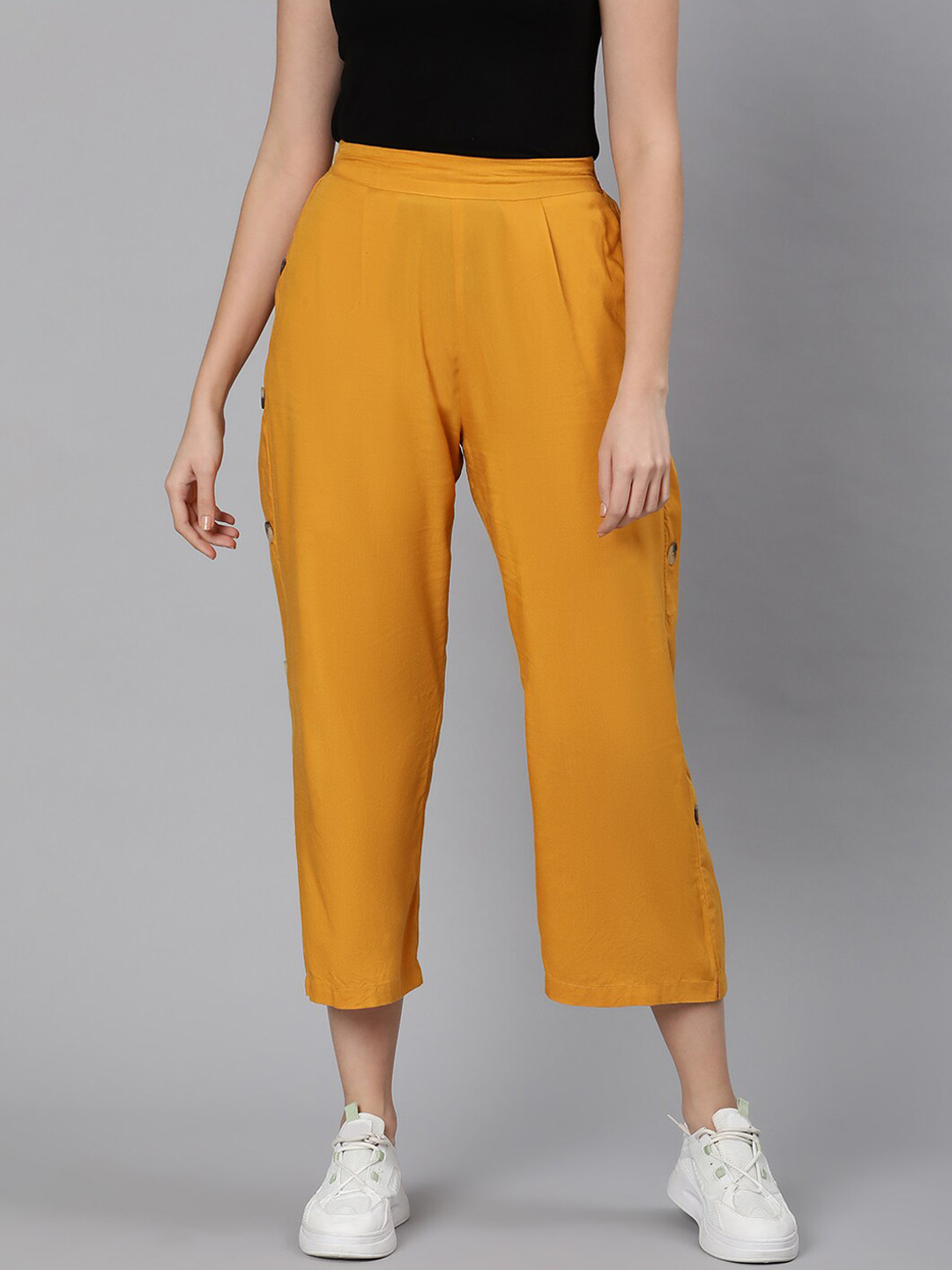 Oxolloxo Women Yellow Easy Wash Pleated Culottes Trousers
