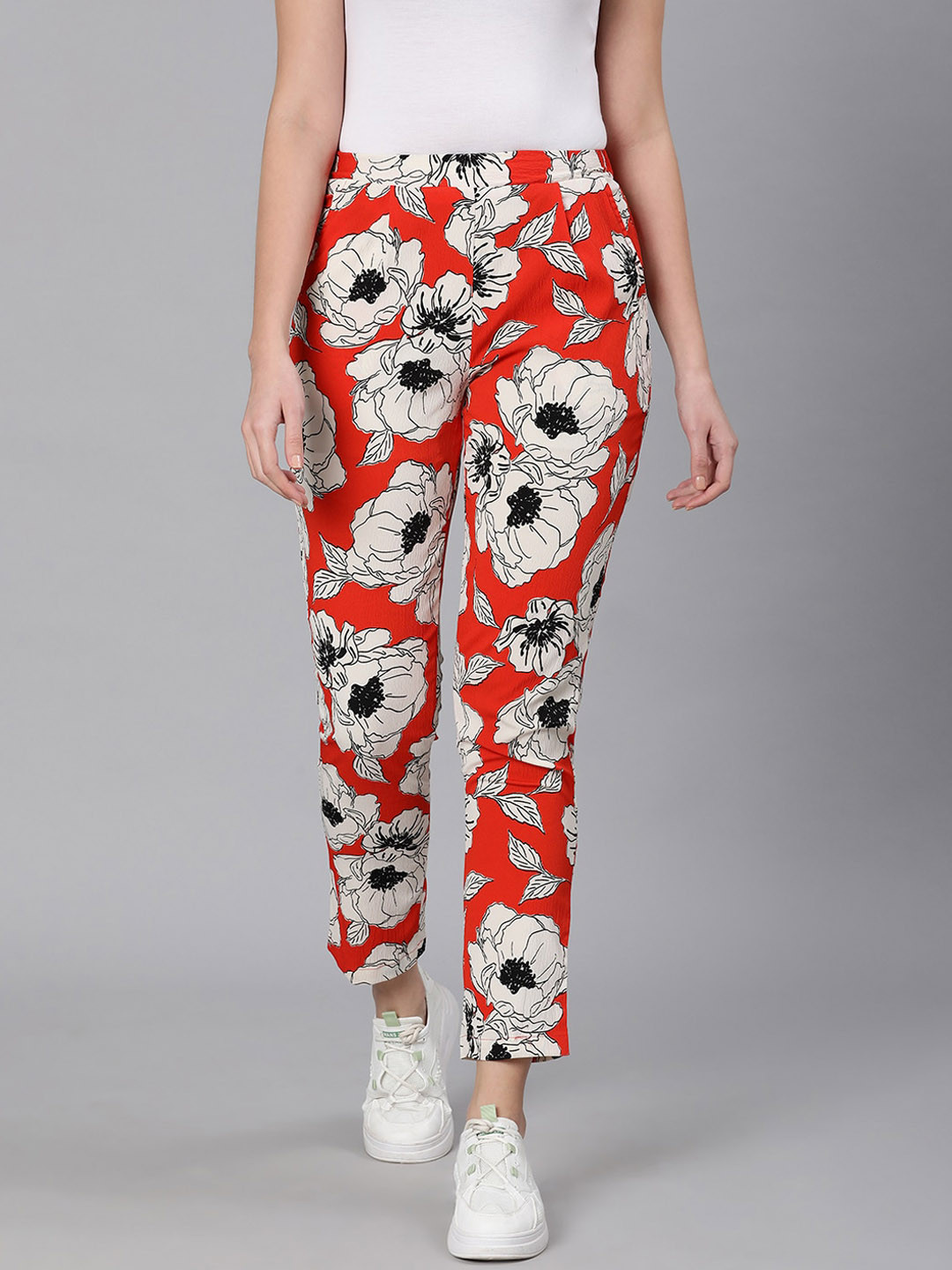 Oxolloxo Women Red Floral Printed Easy Wash Trousers
