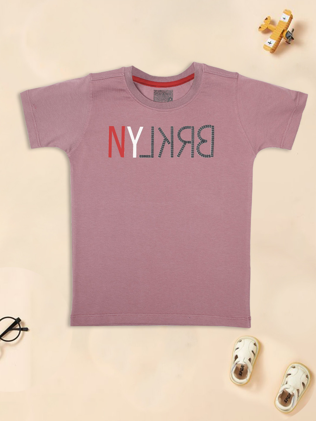 AXM CHAMP Boys Mauve Typography Printed Cotton T-shirt