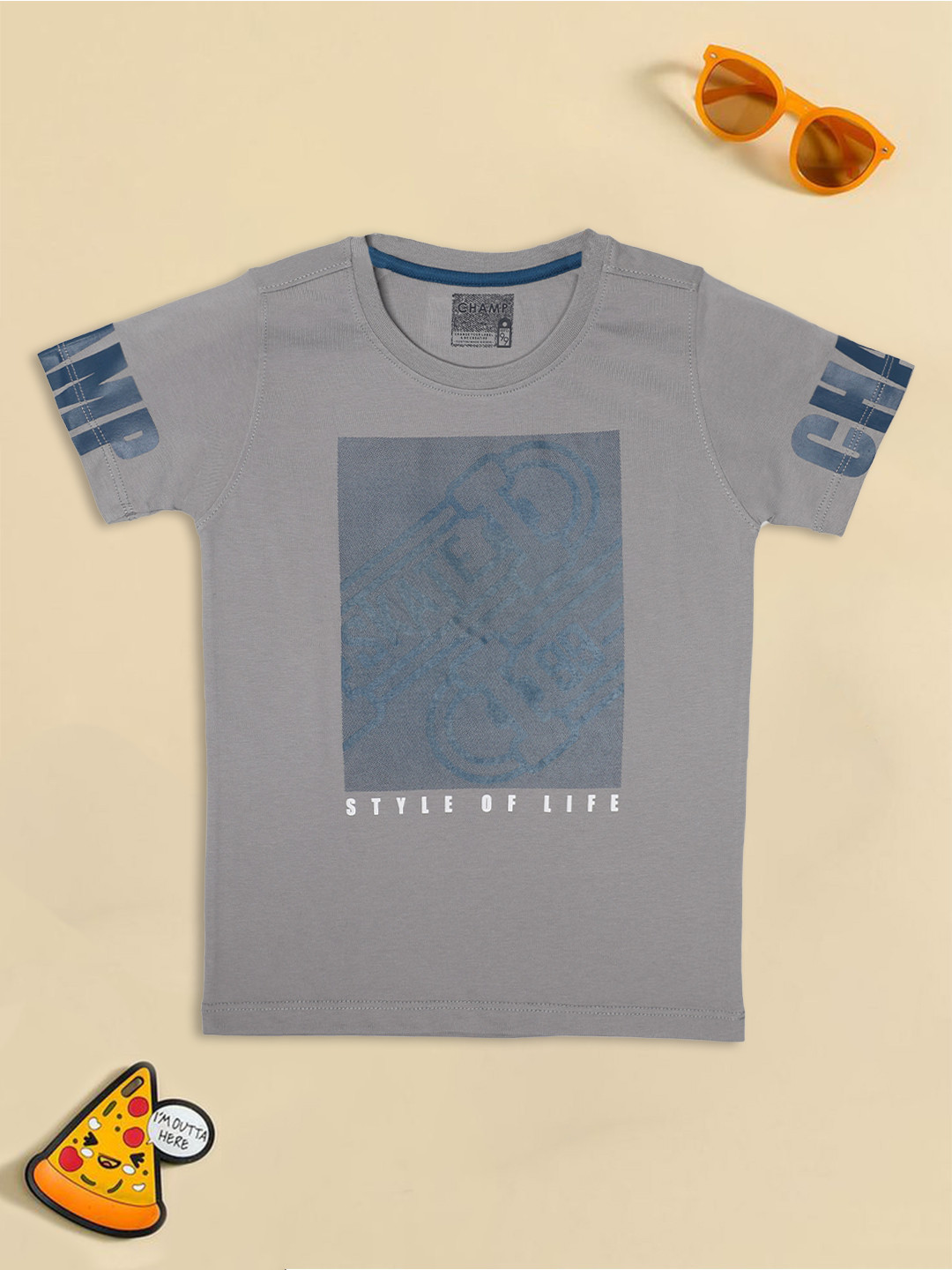 AXM CHAMP Boys Grey Typography Printed Cotton T-shirt