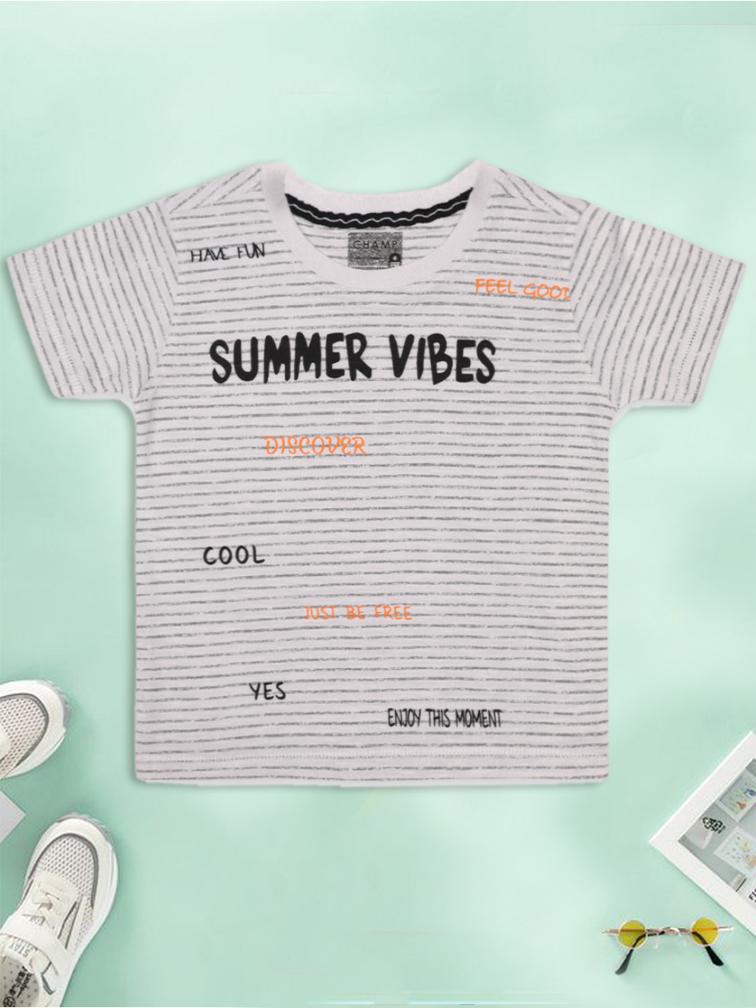 AXM CHAMP Boys White & Grey Typography Striped Cotton T-shirt