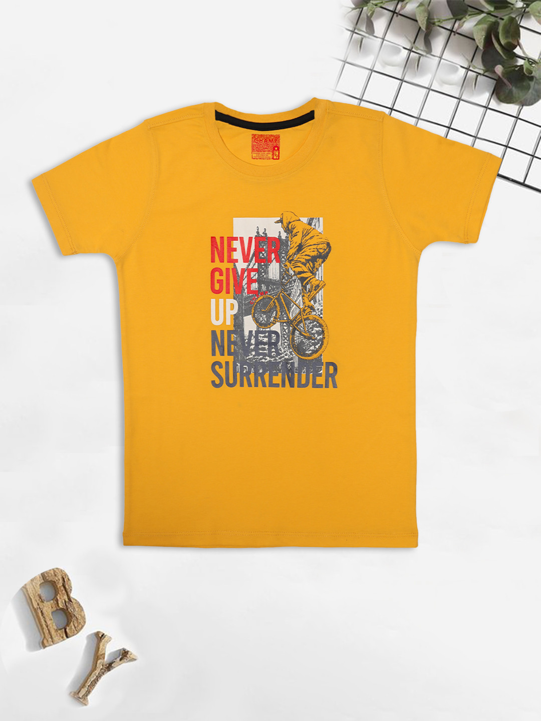 AXM CHAMP Boys Yellow Typography Printed Cotton T-shirt