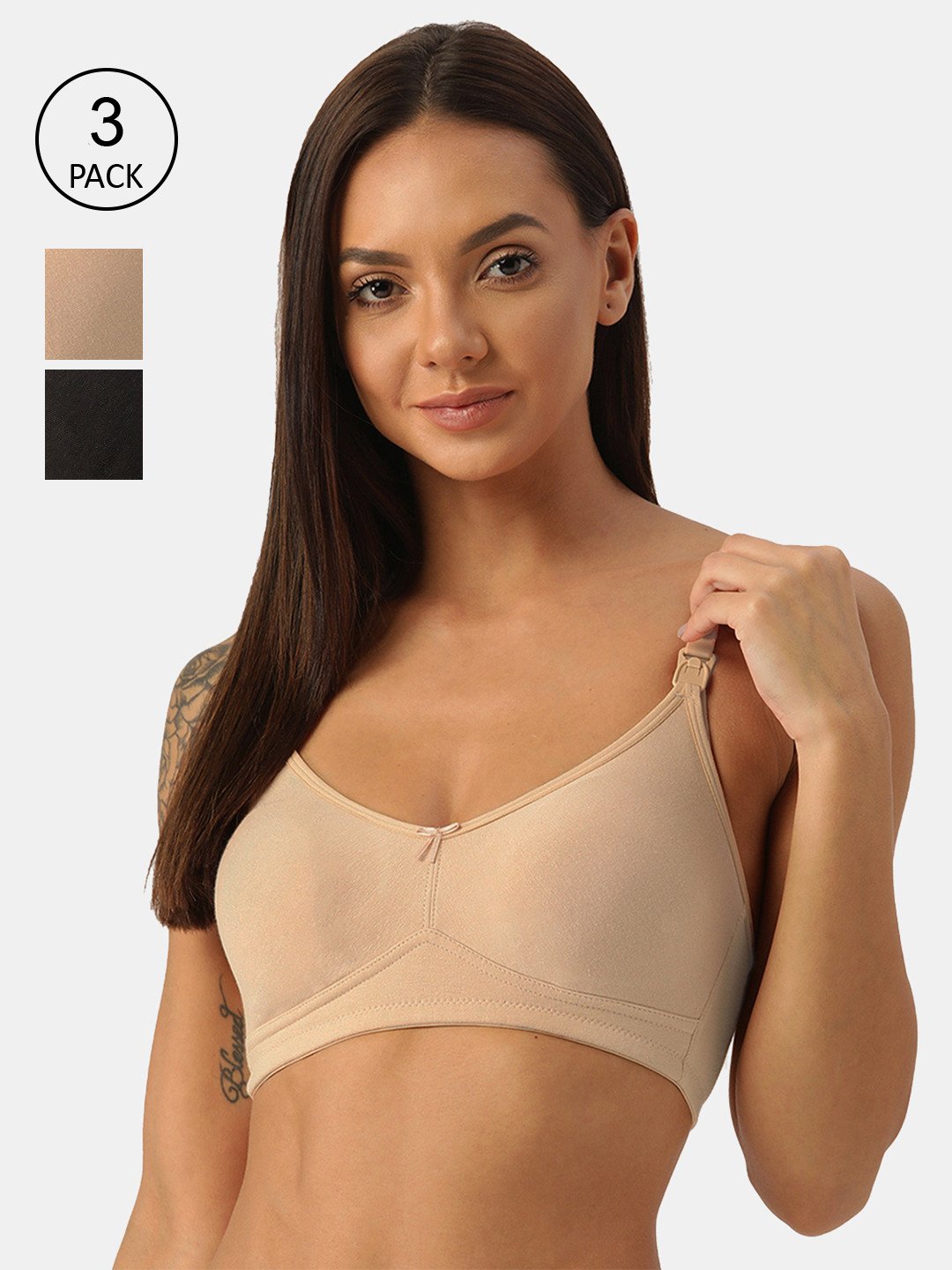 Inner Sense Beige & Black Organic Cotton Antimicrobial Soft Nursing Bra with Removable Pads Pack Of 3