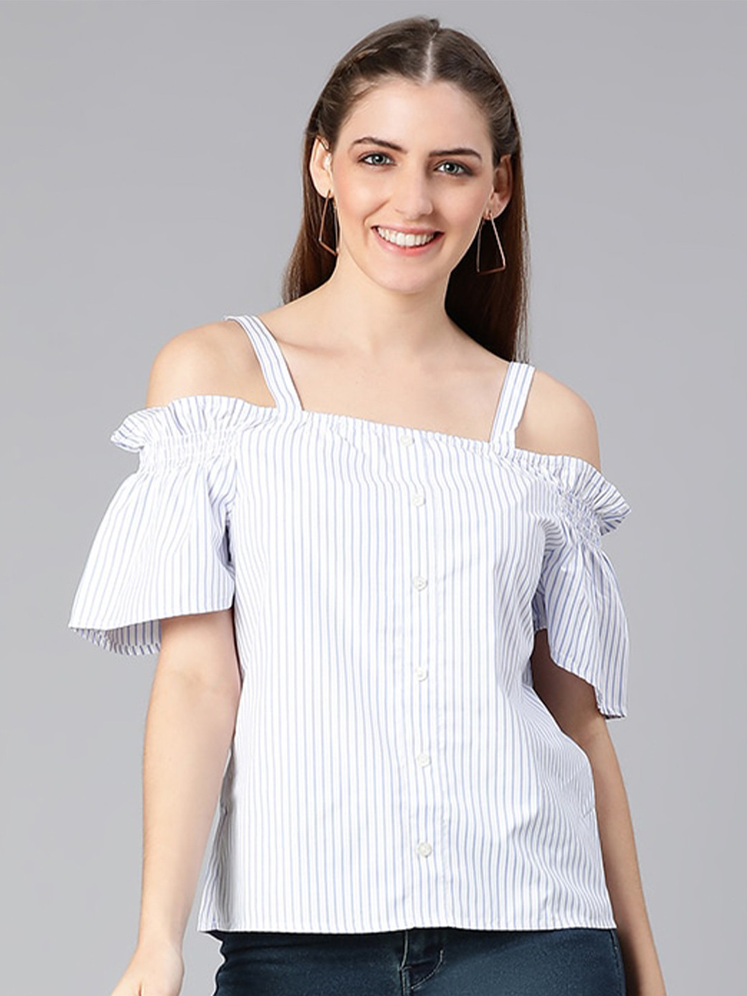 Oxolloxo Women White & Blue Bardot Top