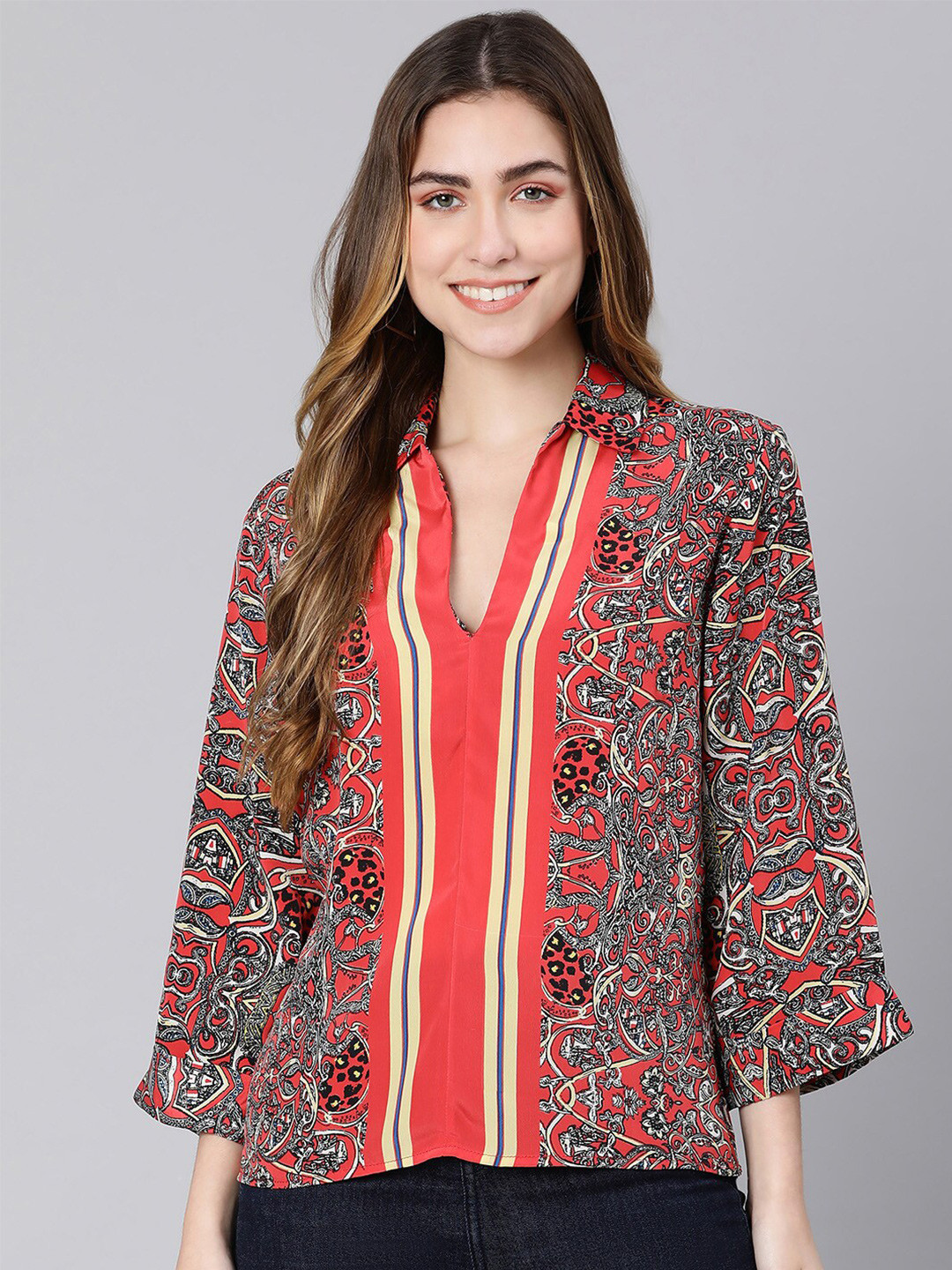 Oxolloxo Red & Black Printed Shirt Style Satin Top