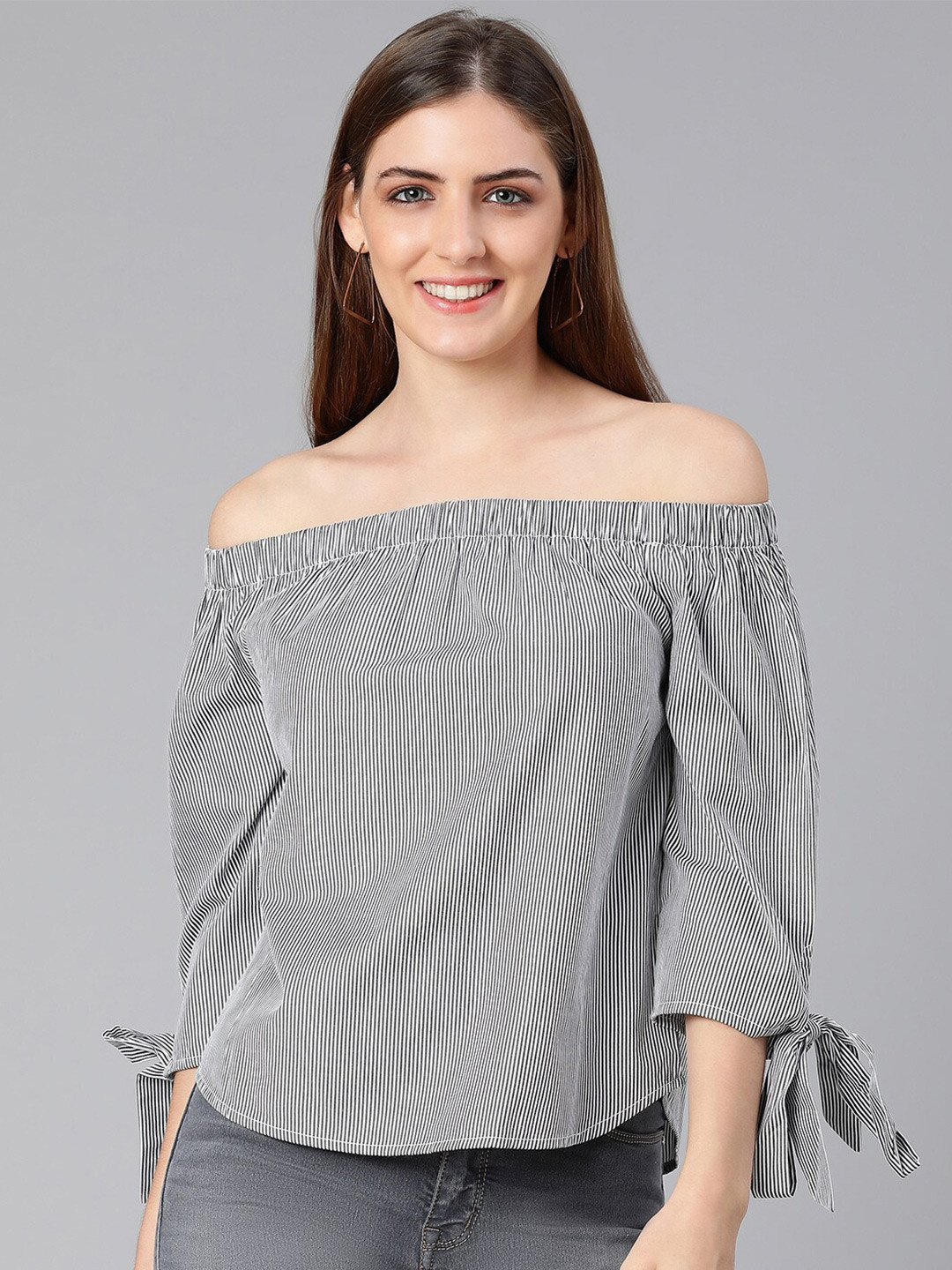 Oxolloxo Black & White Striped Off-Shoulder Pure Cotton Bardot Top