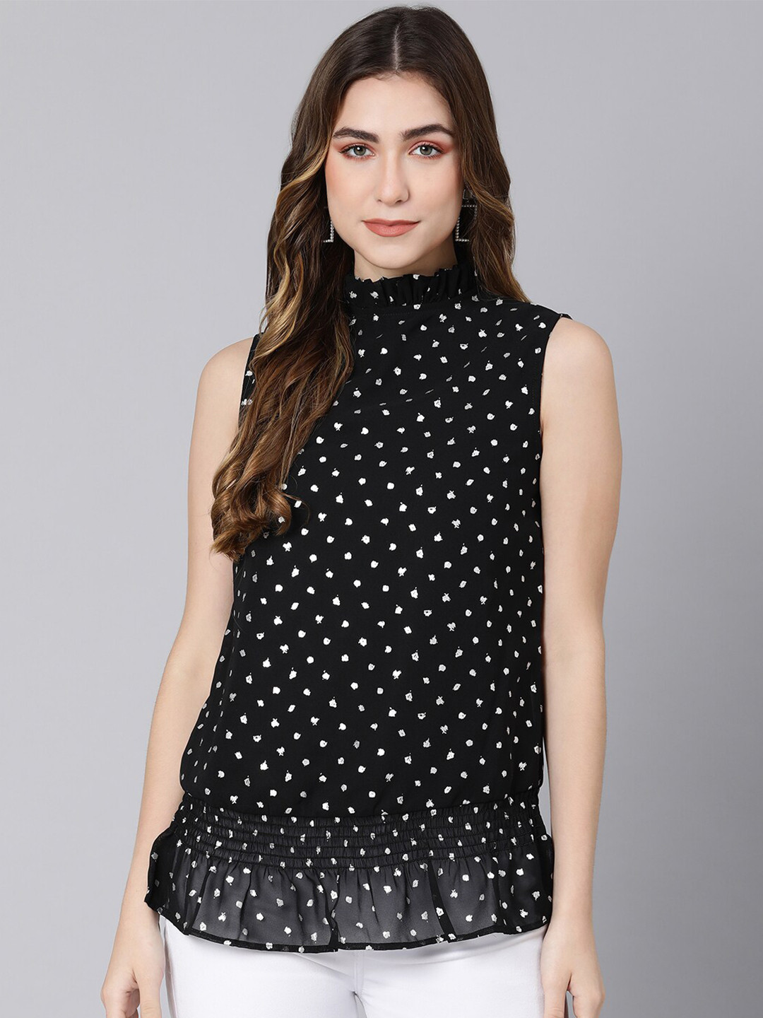 Oxolloxo Black Print Ruffles Top