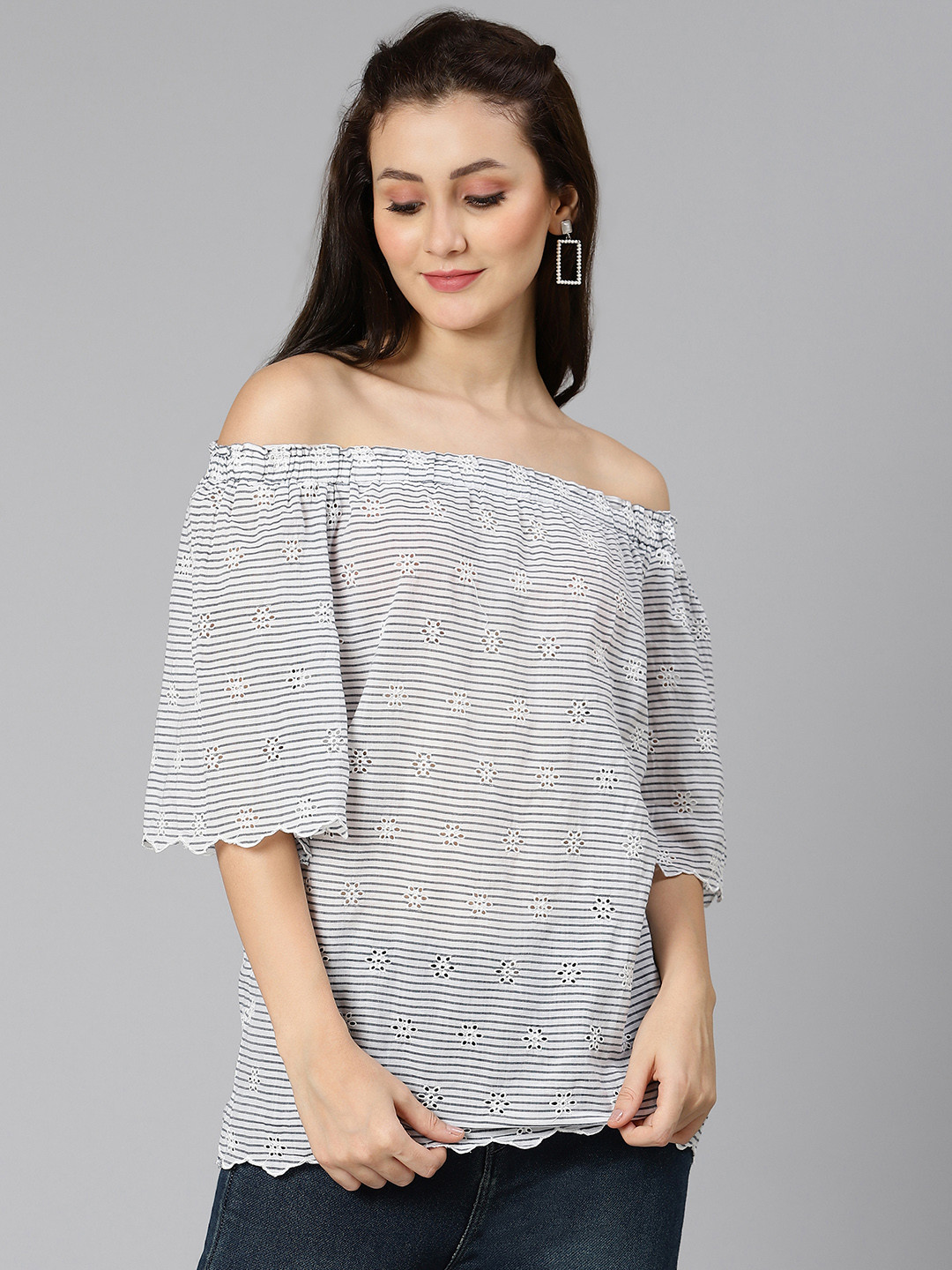 Oxolloxo Blue & White Striped Off-Shoulder Schiffli Pure Cotton Bardot Top