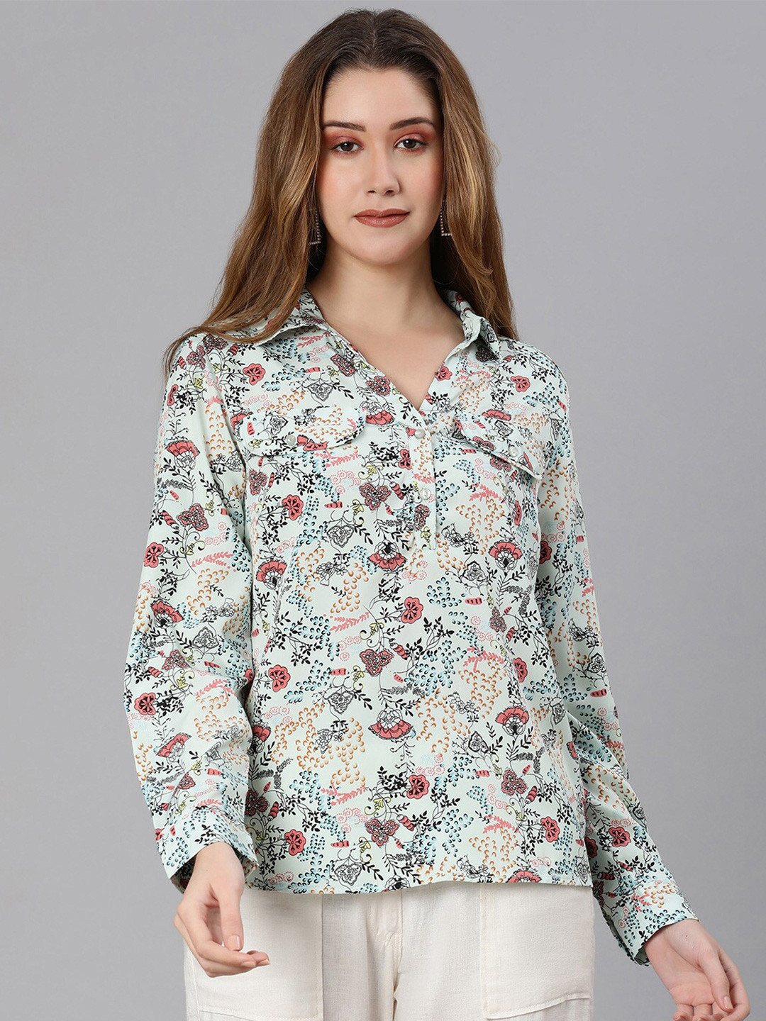 Oxolloxo Blue & Black Floral Print Shirt Style Top