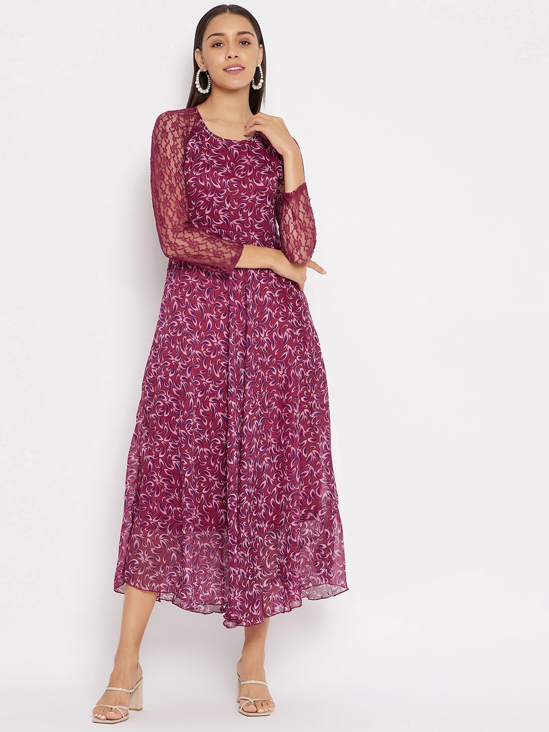 HELLO DESIGN Women Maroon Floral Printed Georgette Fit & Flare Dress
