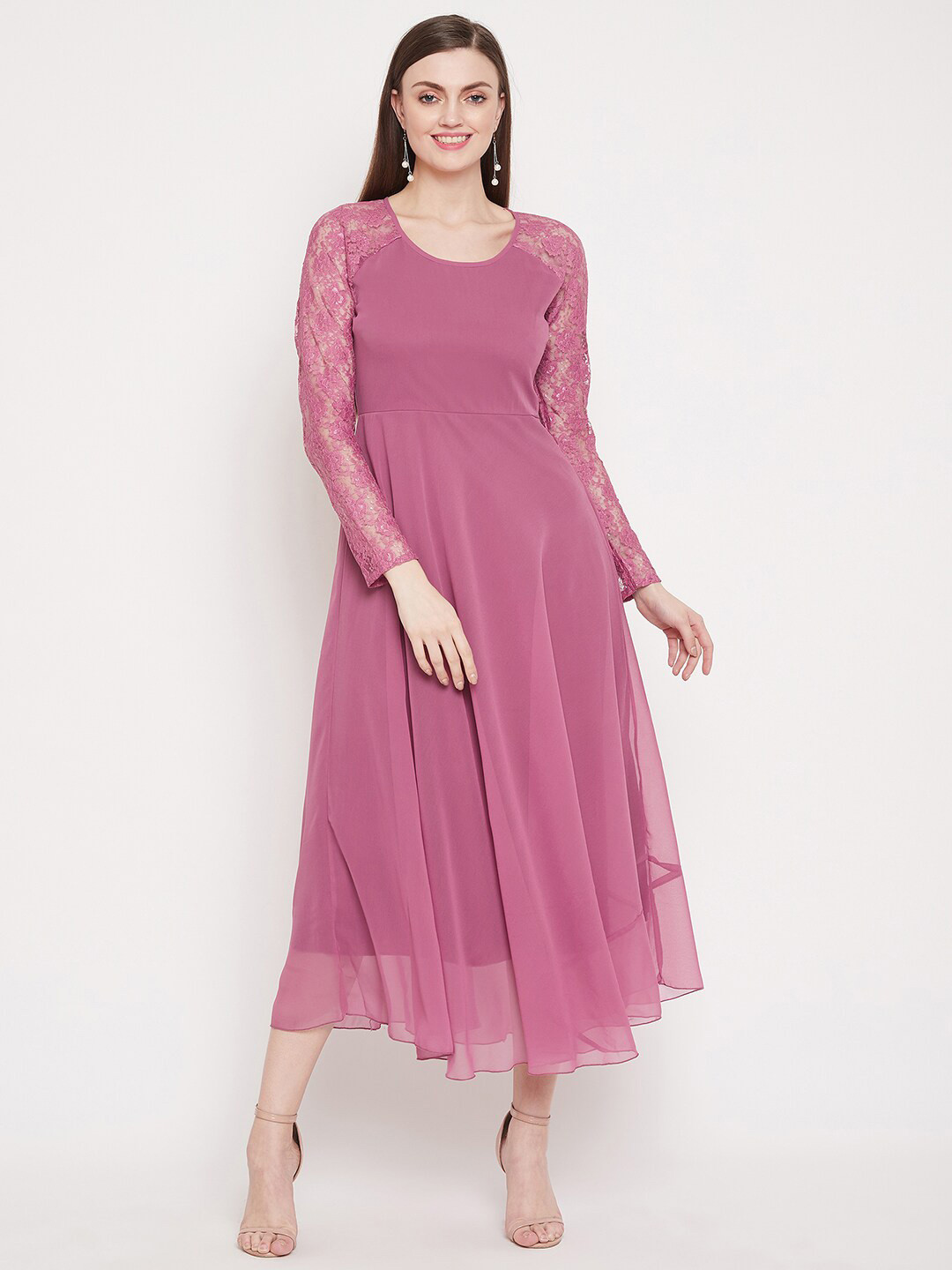 HELLO DESIGN Pink Georgette Full Sleeve Fit & Flare Midi Dress