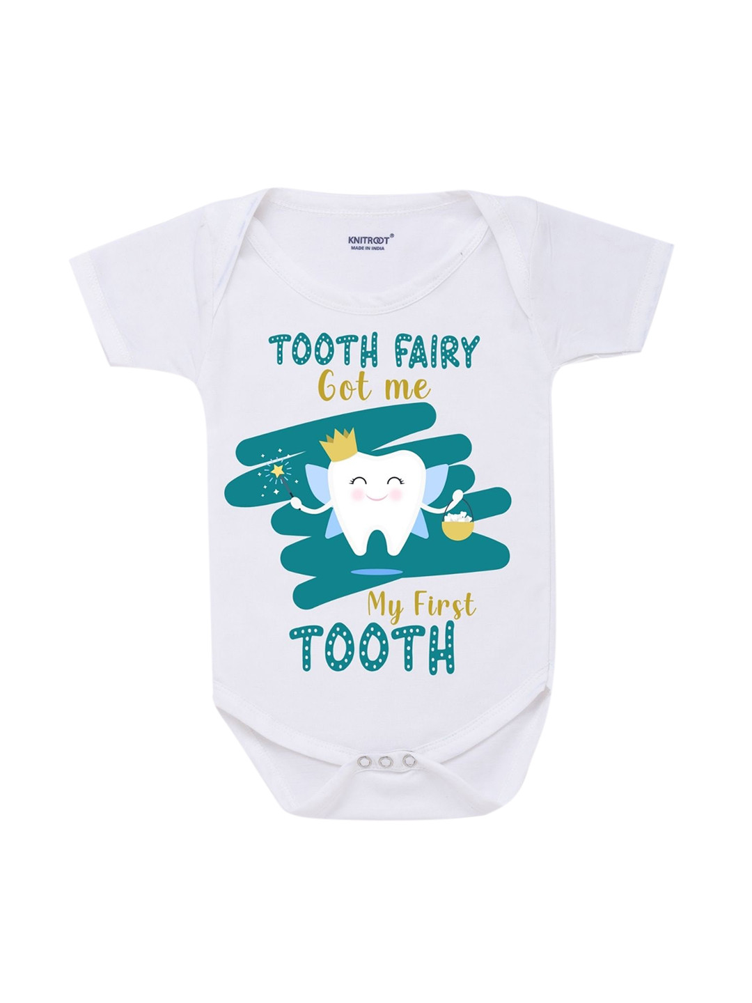 KNITROOT Unisex Kids White & Green Printed Pure Cotton Bodysuits