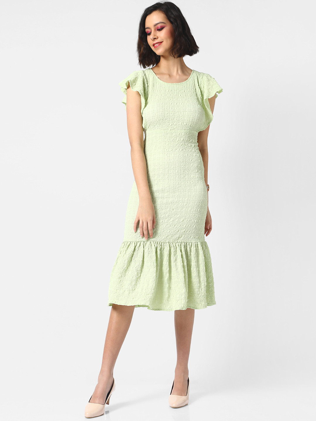 Campus Sutra Green Seld Design Crepe Drop-Waist Midi Dress