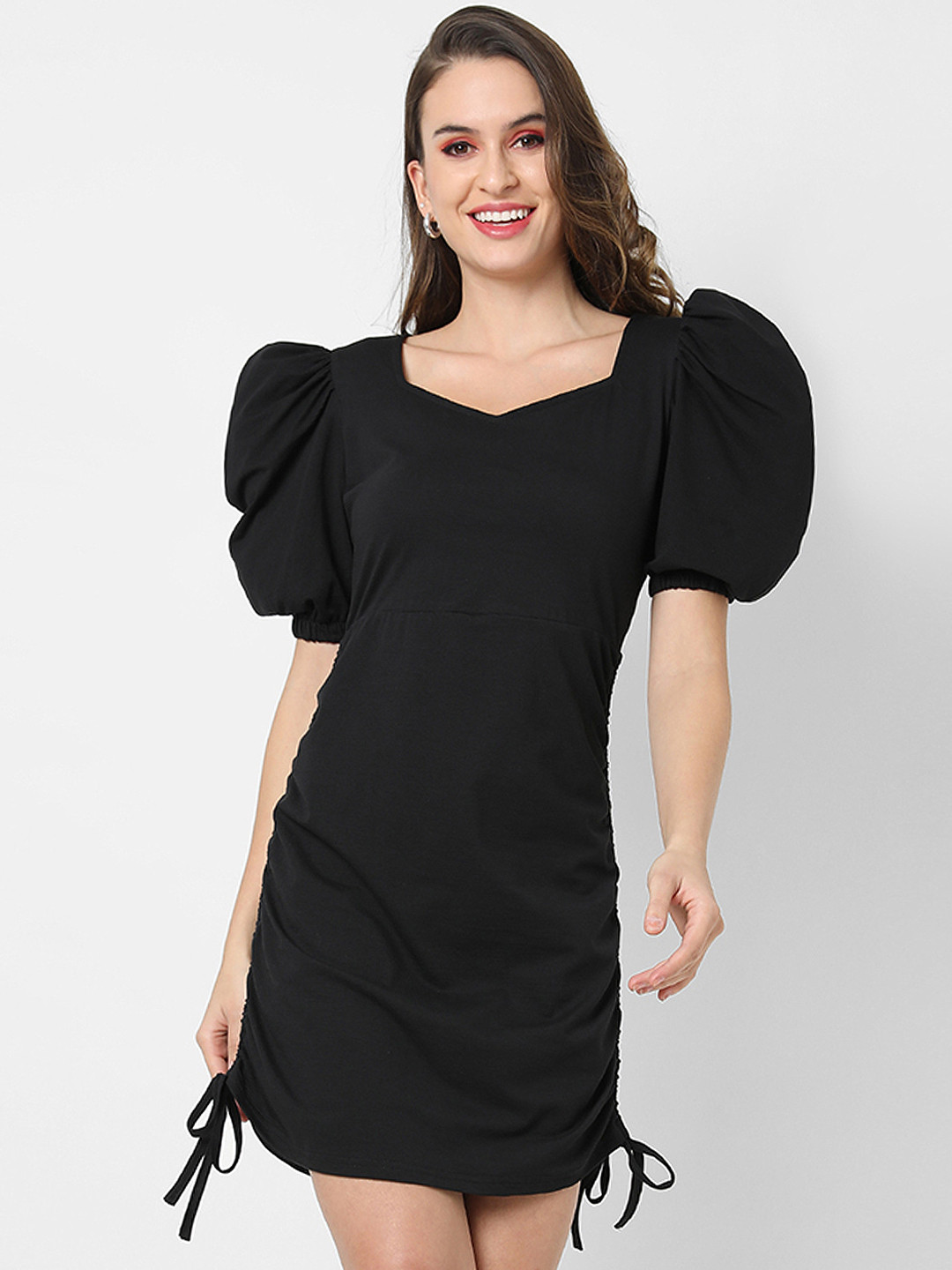 Campus Sutra Black Ruched Crepe Sheath Mini Party Dress