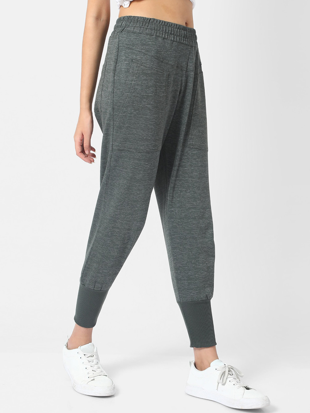 Campus Sutra Women Olive Grey Solid Cotton Joggers