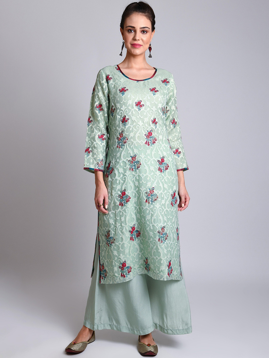 NAINA ARUNIMA Women Sea Green & Red Floral Embroidered Pure Silk Kurta with Palazzos