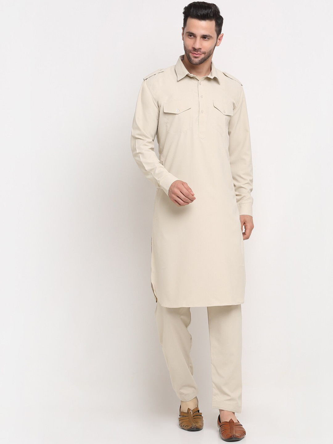 KRAFT INDIA Men Beige Pure Cotton Pathani Kurta with Salwar